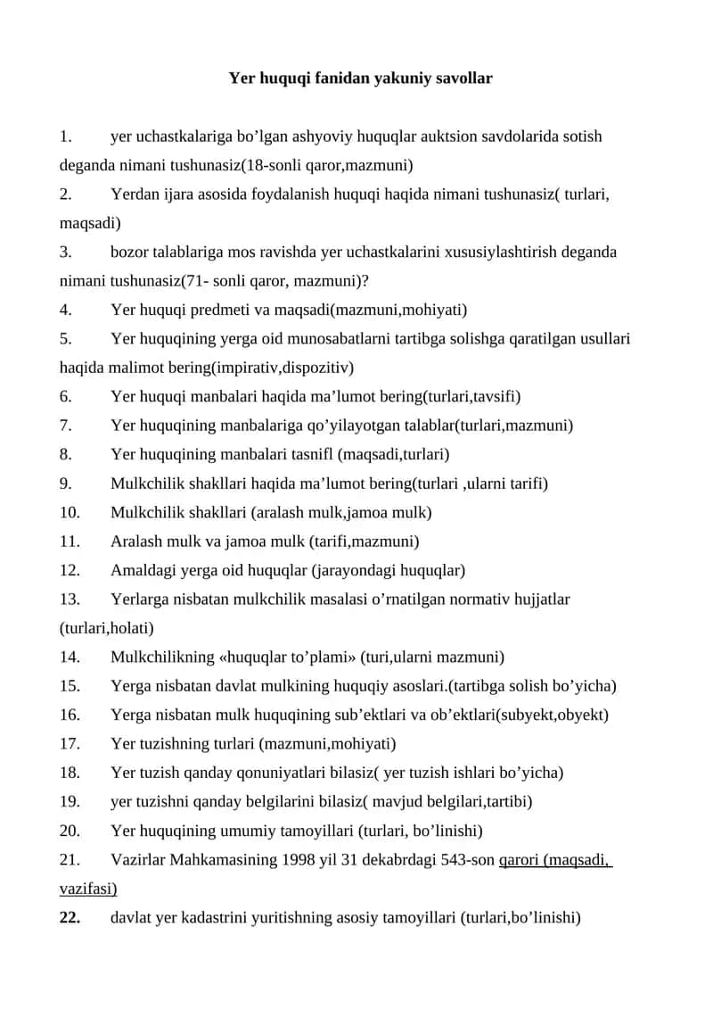 Yer huquqi fanidan yakuniy savollar 1