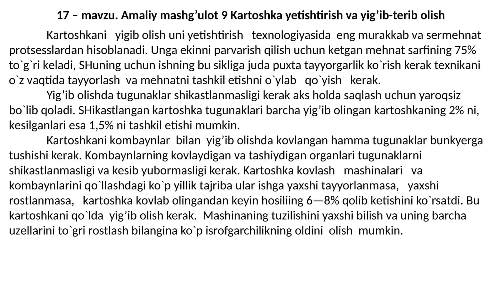 Amaliy mashg’ulot 9 Kartoshka yetishtirish va yig’ib-terib olish 1