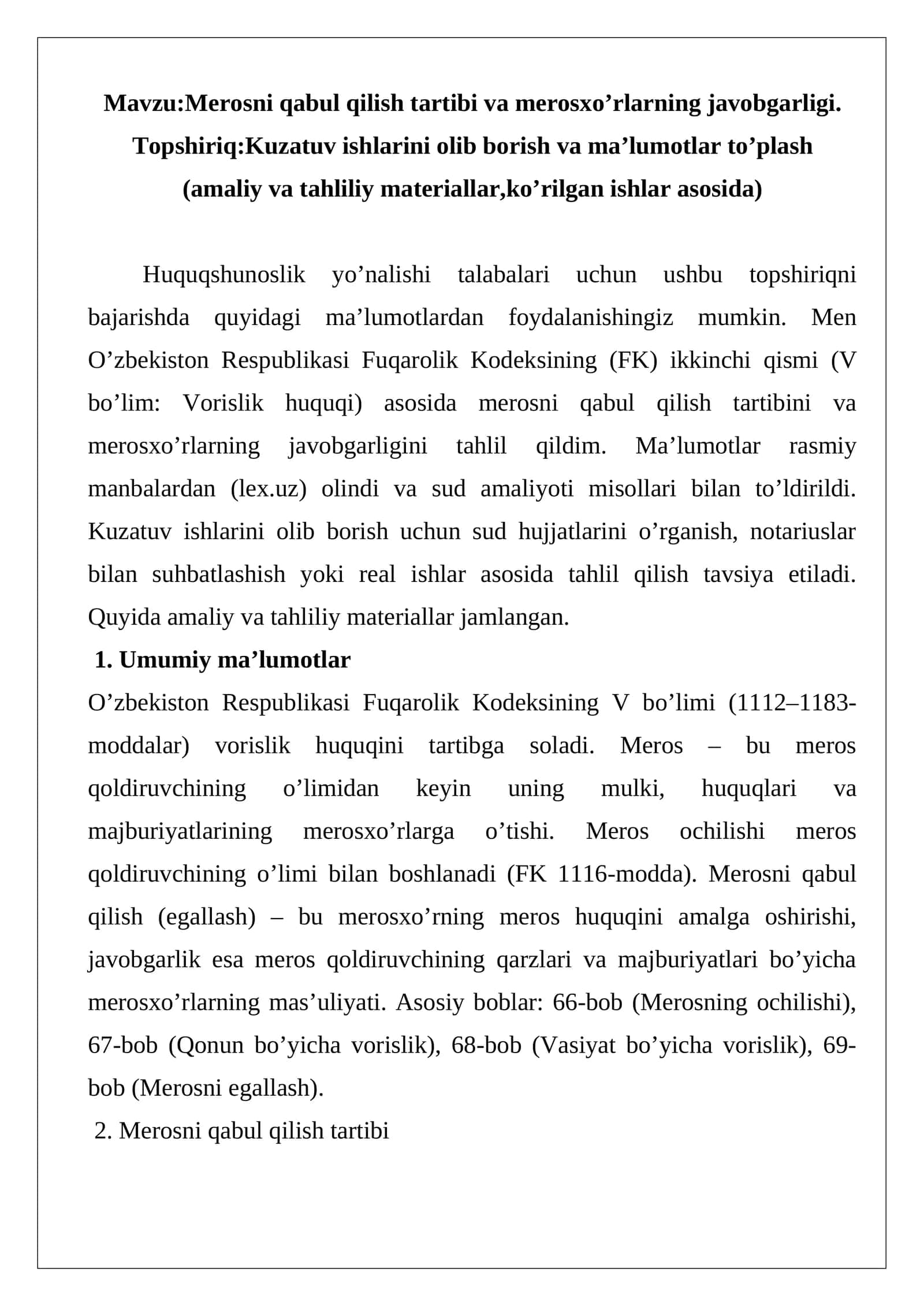 Merosni qabul qilish tartibi va merosxo’rlarning javobgarligi 1
