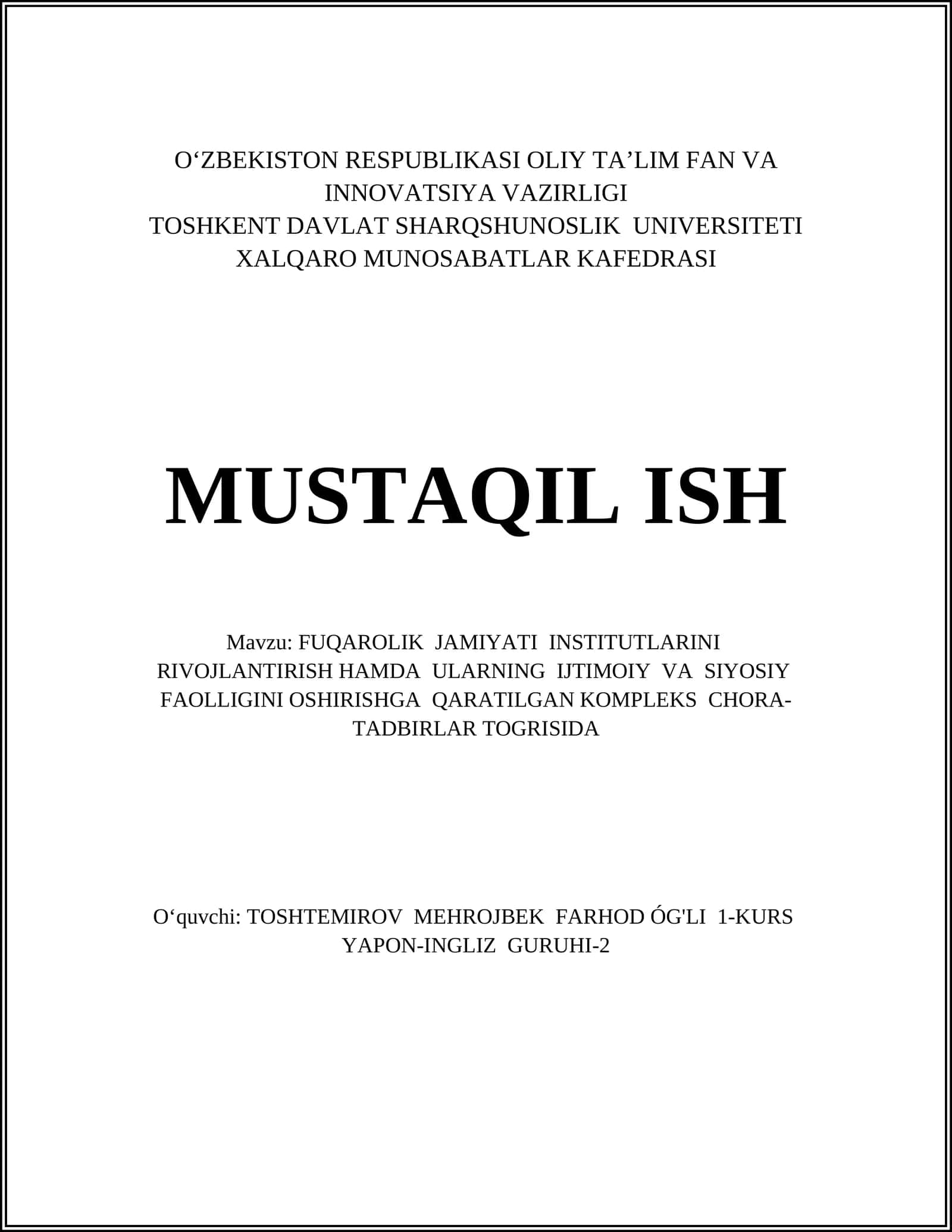 FUQAROLIK JAMIYATINI RIVOJLANTIRISH HAMDA ULARNING IJTIMOIY VA SIYOSIY FAOLLIGINI OSHIRISHGA QARATILGAN KOMPLEKS CHORA-TADBIRLAR TOGRISIDA 1