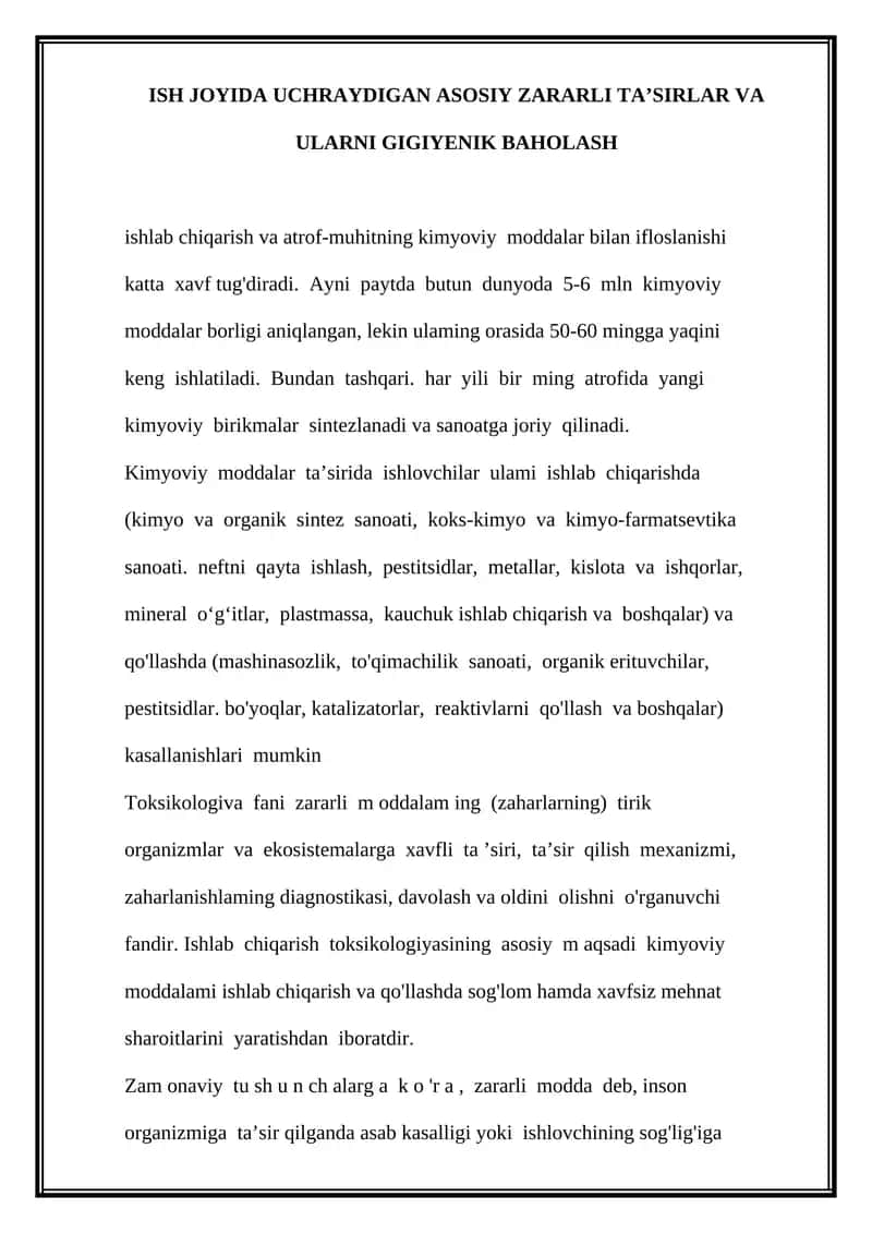 Kimyoviy moddalar va ularning gigiyenik baholash 1