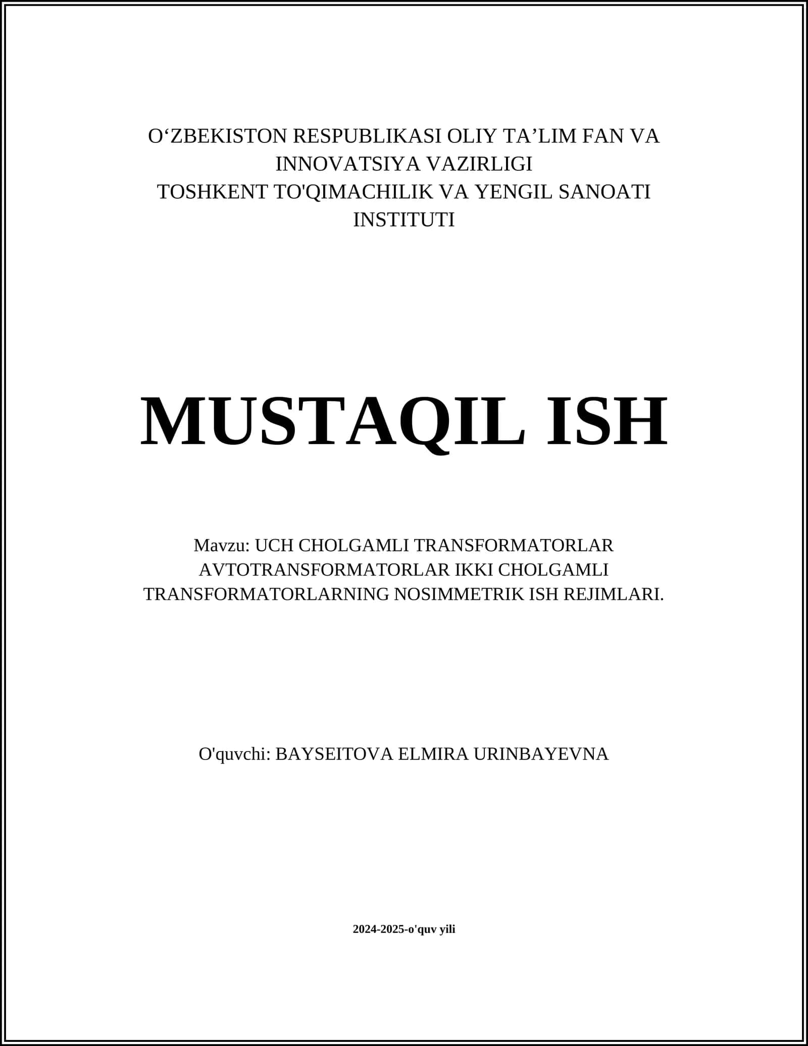 UCH CHOLGAMLI TRANSFORMATORLAR AVTOTRANSFORMATORLAR IKKI CHOLGAMLI TRANSFORMATORLARNING NOSIMMETRIK ISH REJIMLARI 1