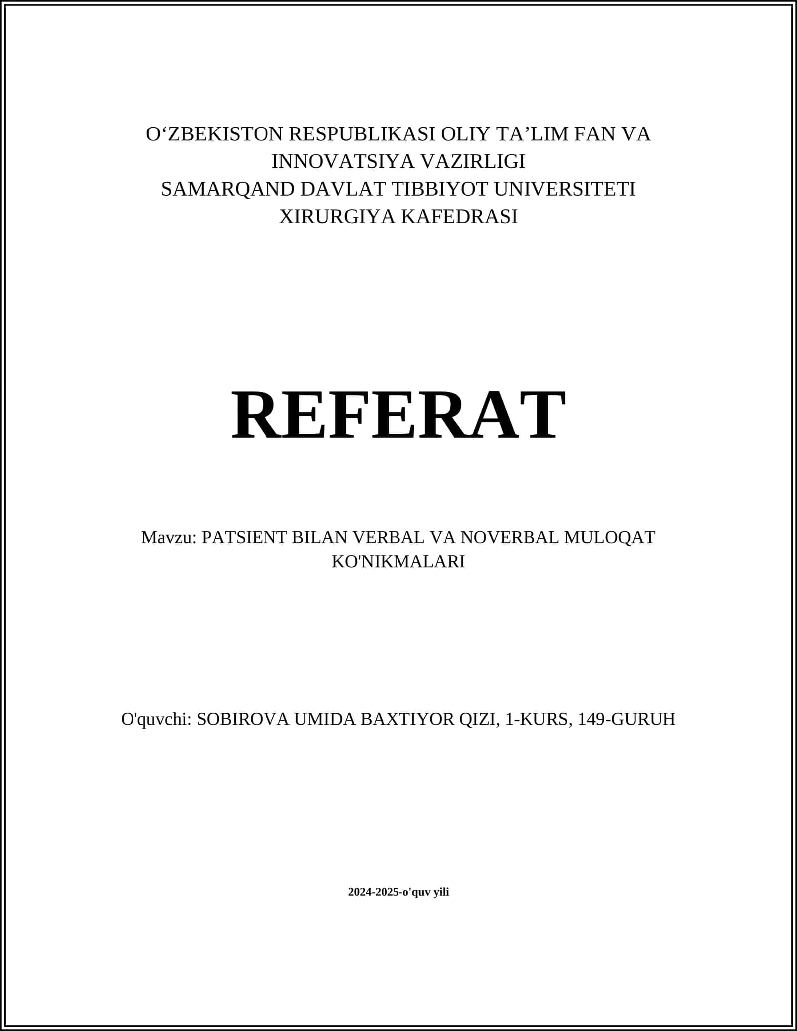 PATSIENT BILAN VERBAL VA NOVERBAL MULOQAT KO'NIKMALARI 1
