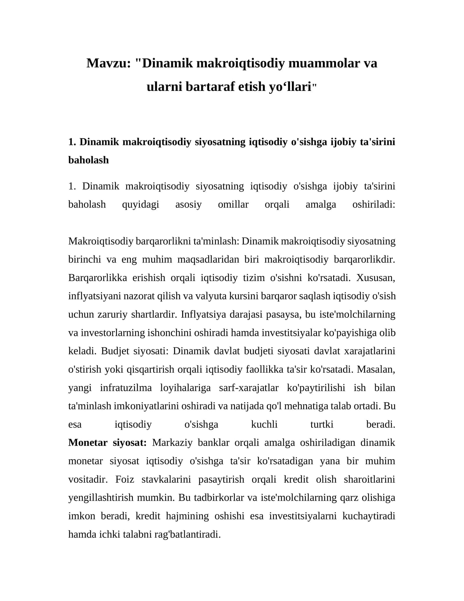 Dinamik makroiqtisodiy muammolar va ularni bartaraf etish yoʻllari 1