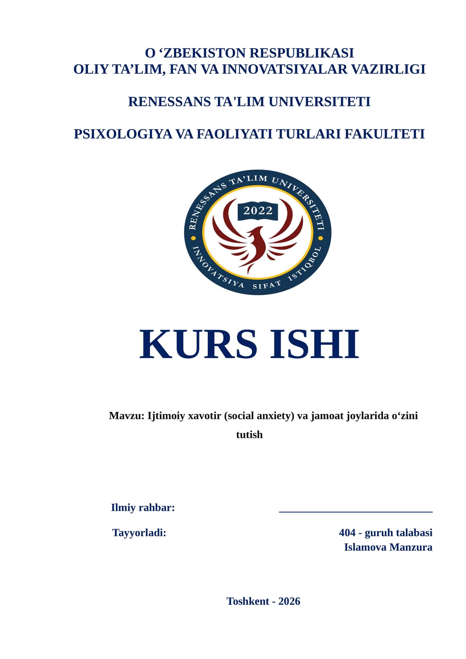 Ijtimoiy xavotir (social anxiety) va jamoat joylarida o‘zini tutish 1