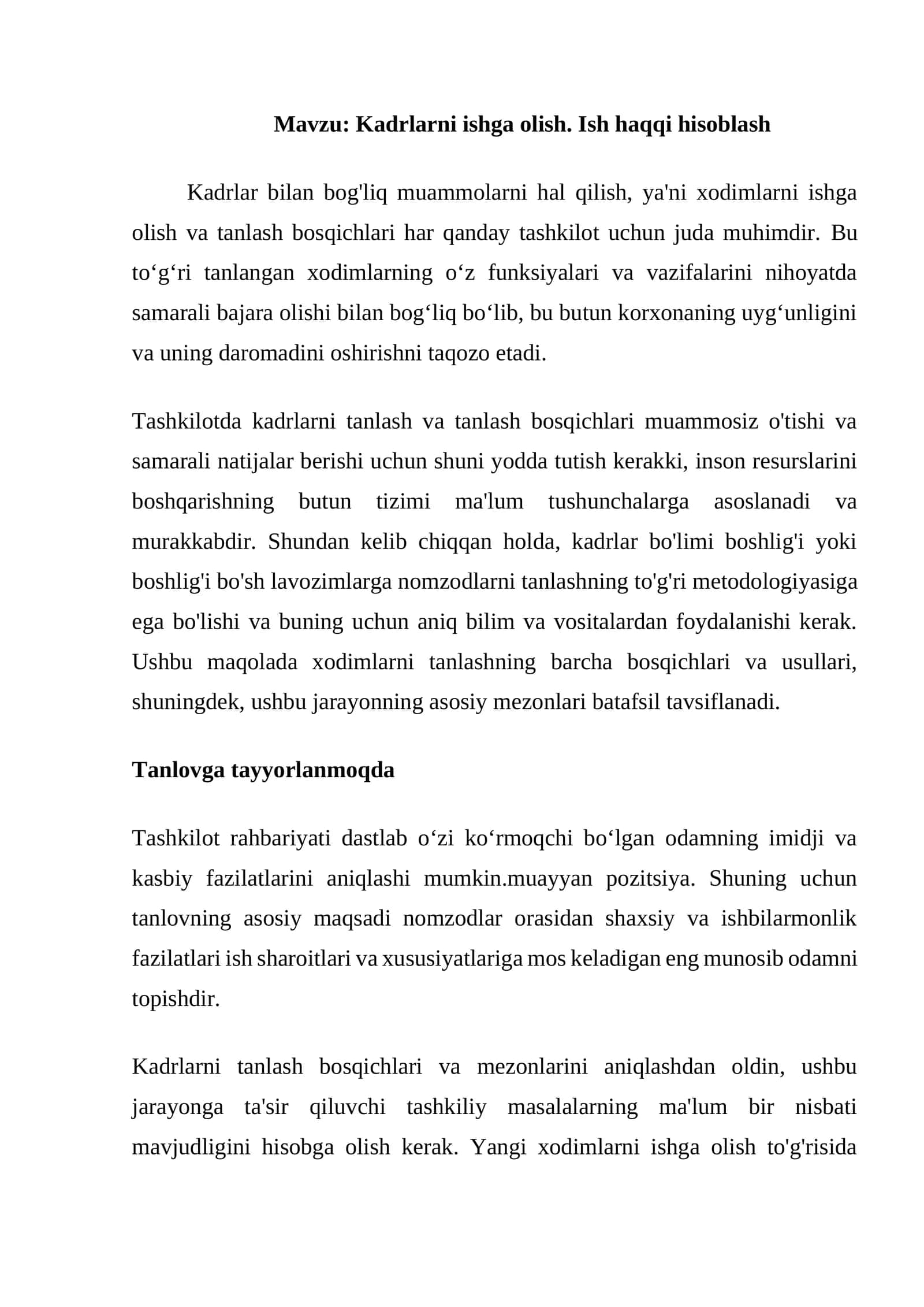 Kadrlarni ishga olish. Ish haqqi hisoblash 1