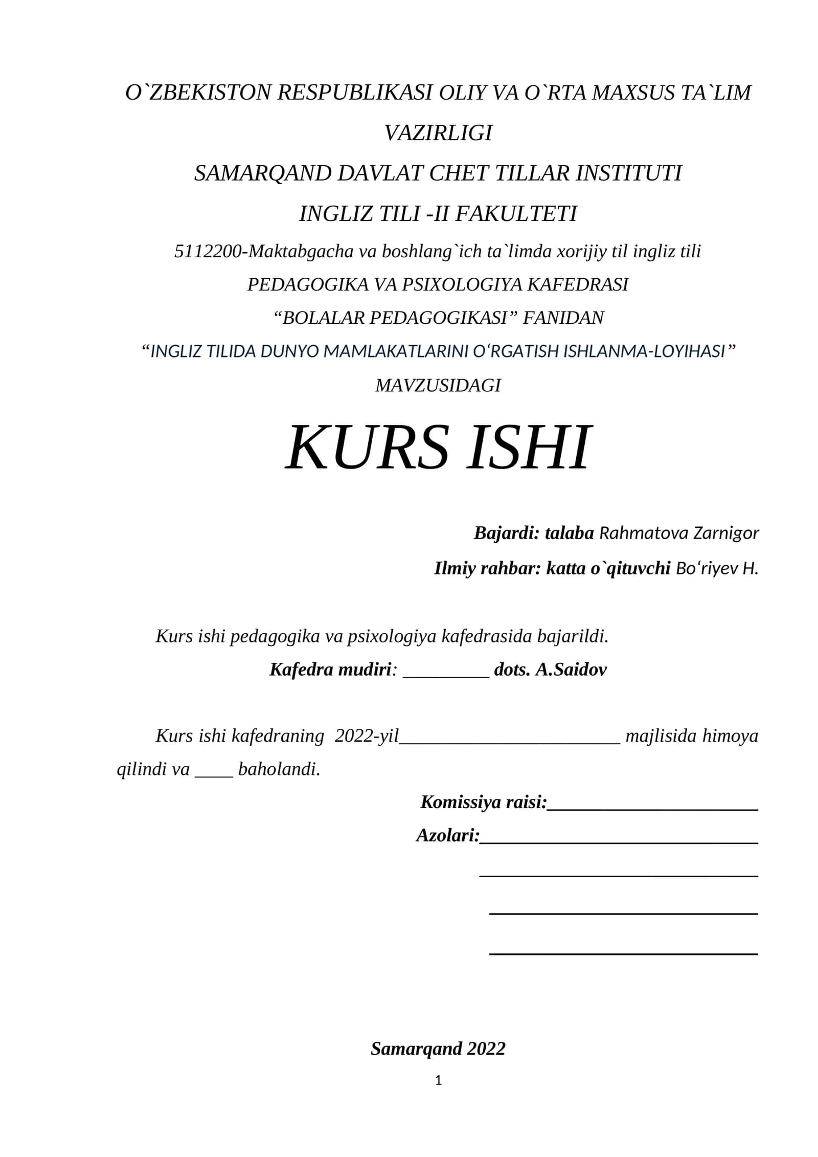 KURS ISHI: "INGLIZ TILIDA DUNYO MAMLAKATLARINI O‘RGATISH ISHLANMA-LOYIHASI" 1