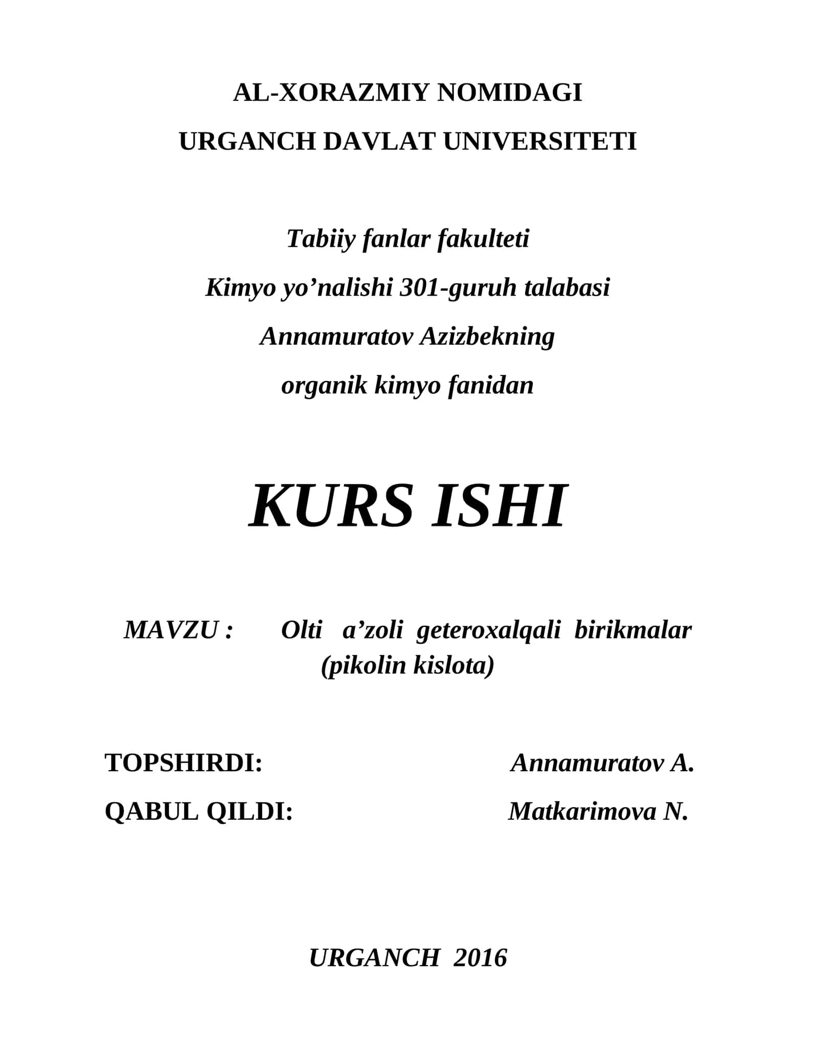 Olti a'zoli geteroxalqali birikmalar (pikolin kislota) 1
