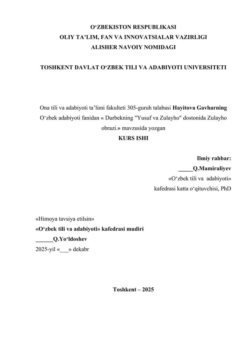 "Durbekning "Yusuf va Zulayho" dostonida Zulayho obrazi." 1