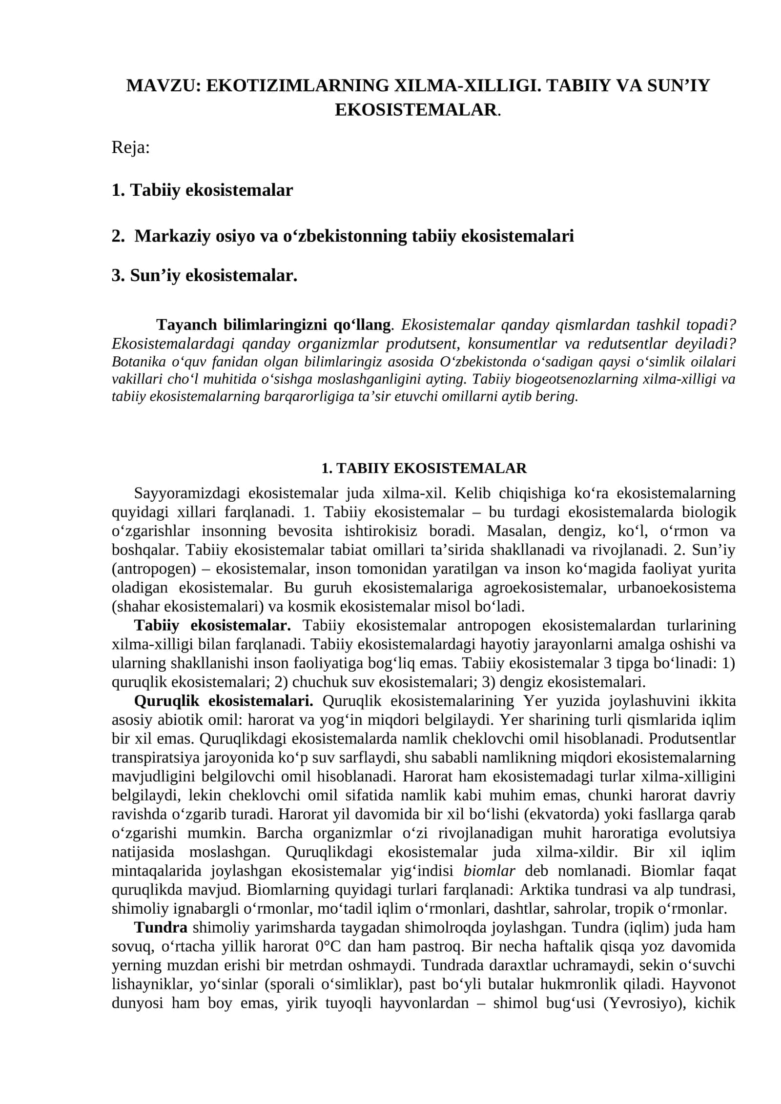 EKOTIZIMLARNING XILMA-XILLIGI. TABIIY VA SUN’IY EKOSISTEMALAR 1