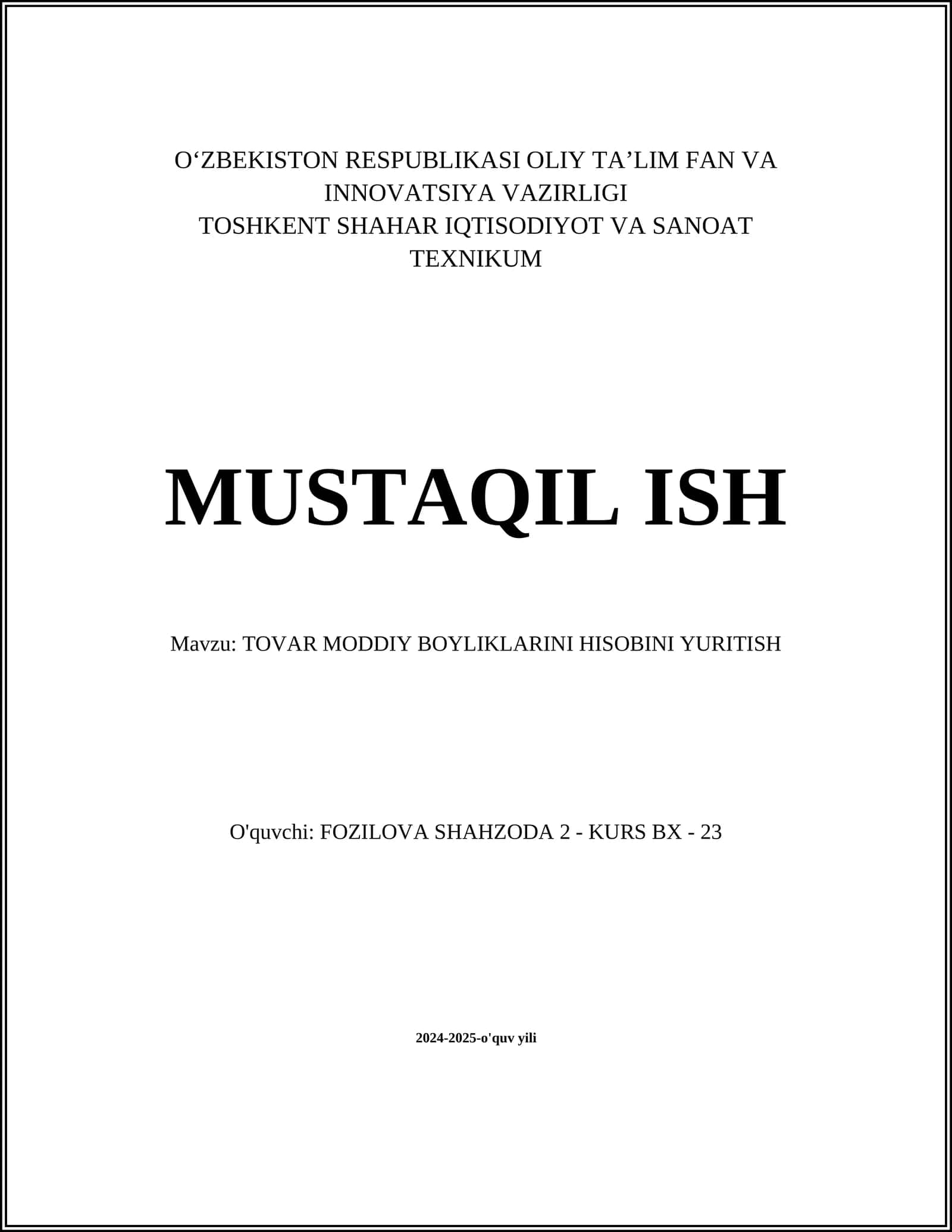 TOVAR MODDIY BOYLIKLARINI HISOBINI YURITISH 1