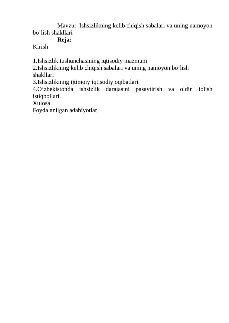 Ishsizlikning kelib chiqish sabalari va uning namoyon bo’lish shakllari 1