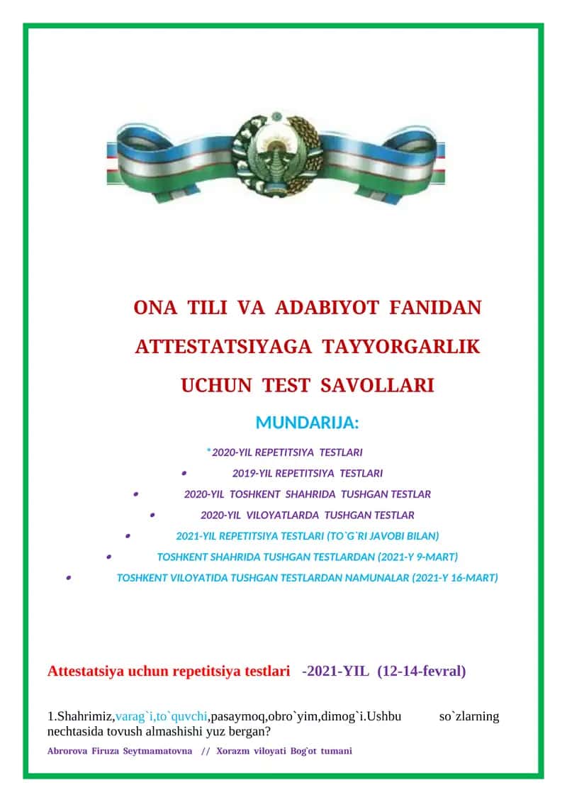 ONA TILI VA ADABIYOT FANIDAN ATTESTATSIYAGA TAYYORGARLIK UCHUN TEST SAVOLLARI 1