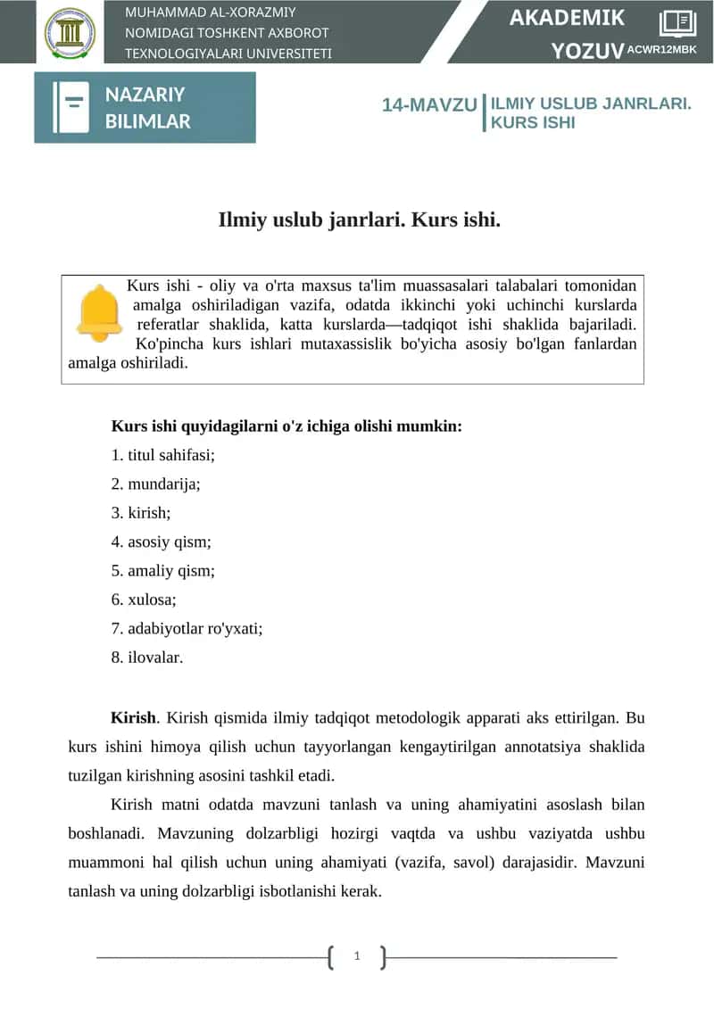 ILMIY USLUB JANRLARI. KURS ISHI 1