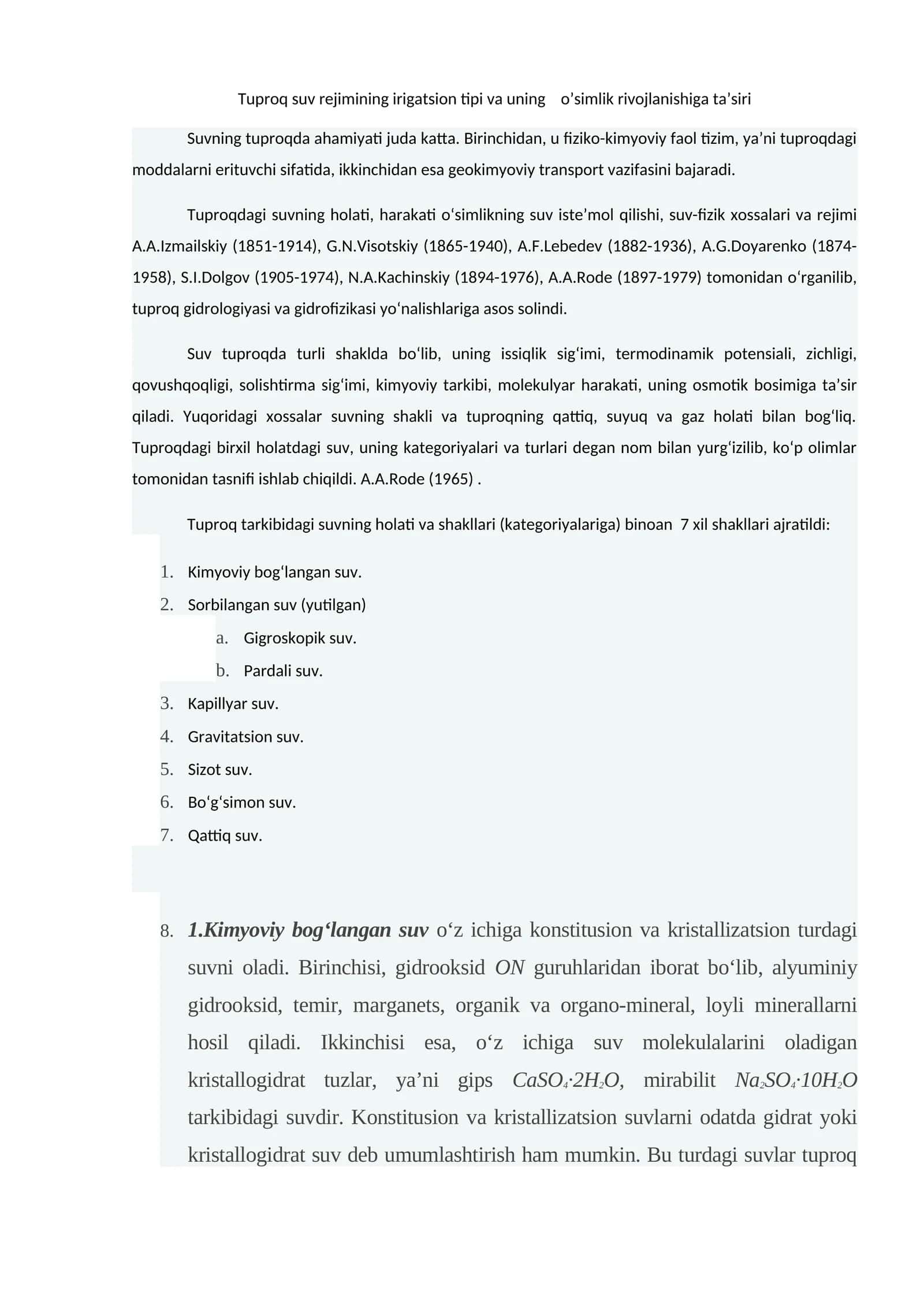 Tuproq suv rejimining irigatsion tipi va uning o’simlik rivojlanishiga ta’siri 1