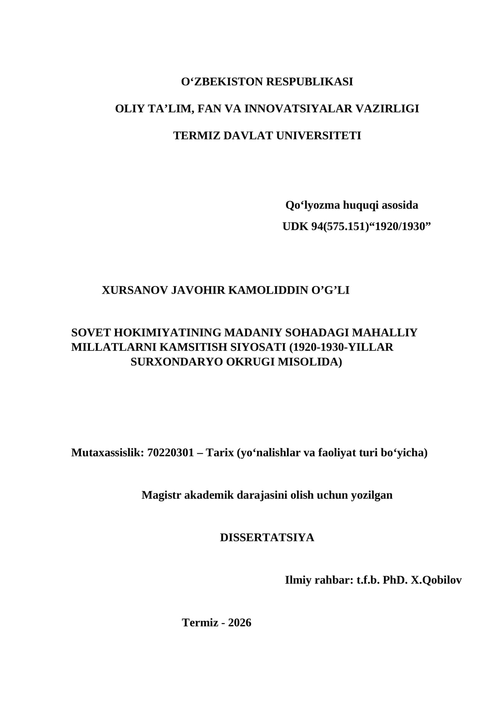 SOVET HOKIMIYATINING MADANIY SOHADAGI MAHALLIY MILLATLARNI KAMSITISH SIYOSATI (1920-1930-YILLAR SURXONDARYO OKRUGI MISOLIDA) 1