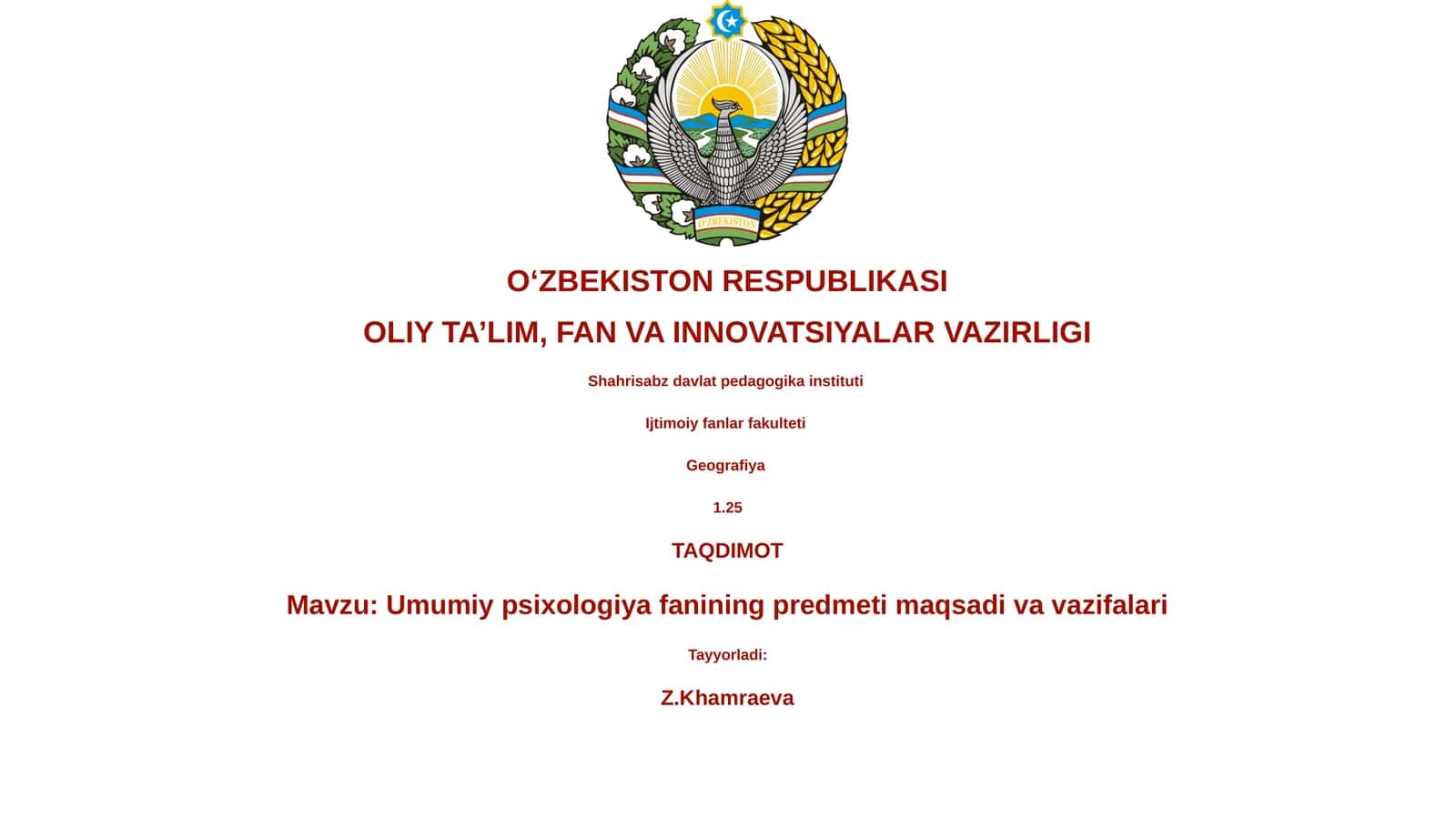 Umumiy psixologiya fanining predmeti maqsadi va vazifalari 1