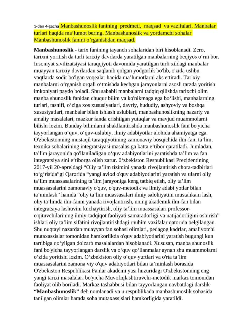 Manbashunoslik faninidan yakuniy imtohon savollariga javoblar 1