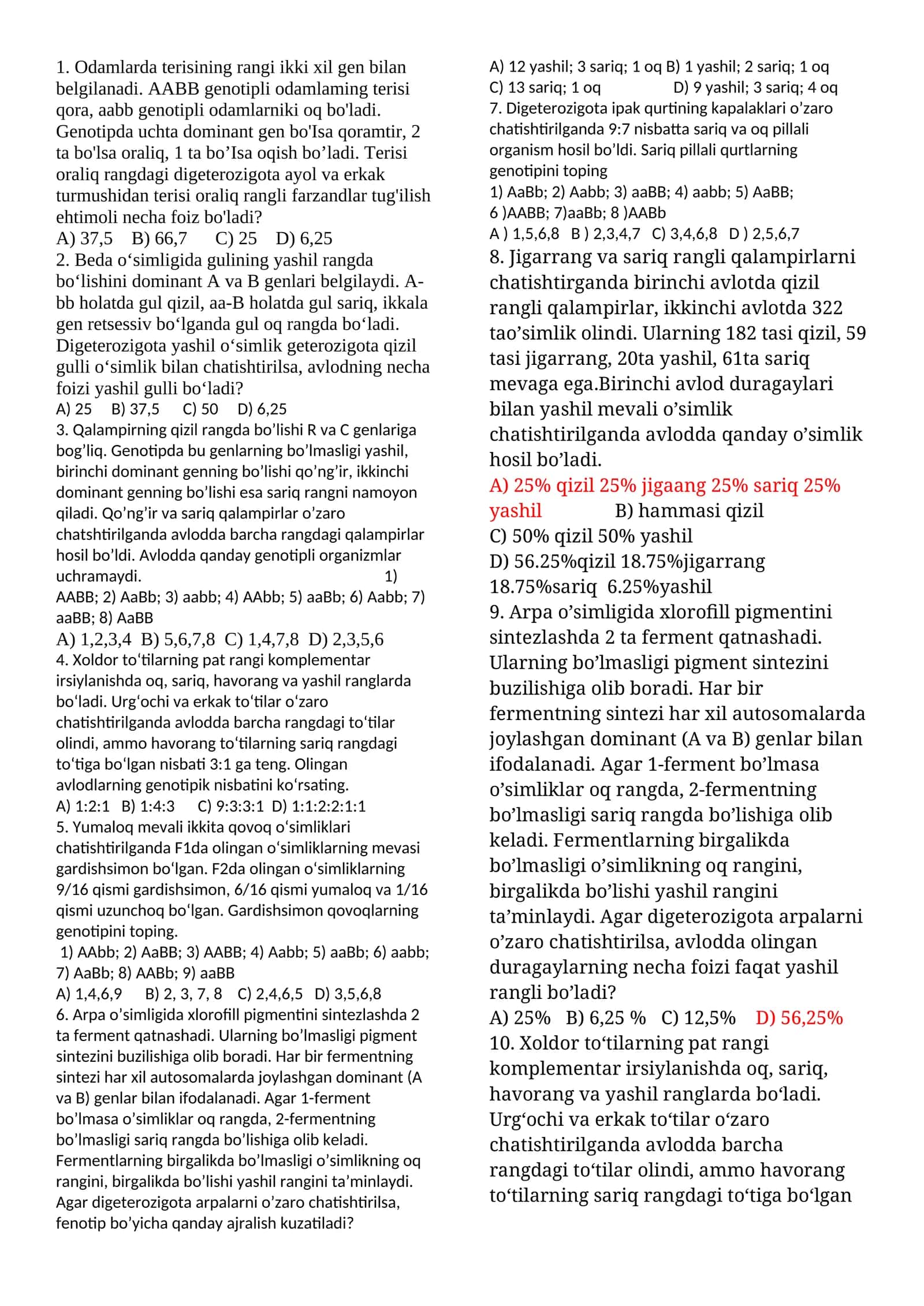 Genetika sabablarga qarshi savol javoblari 1
