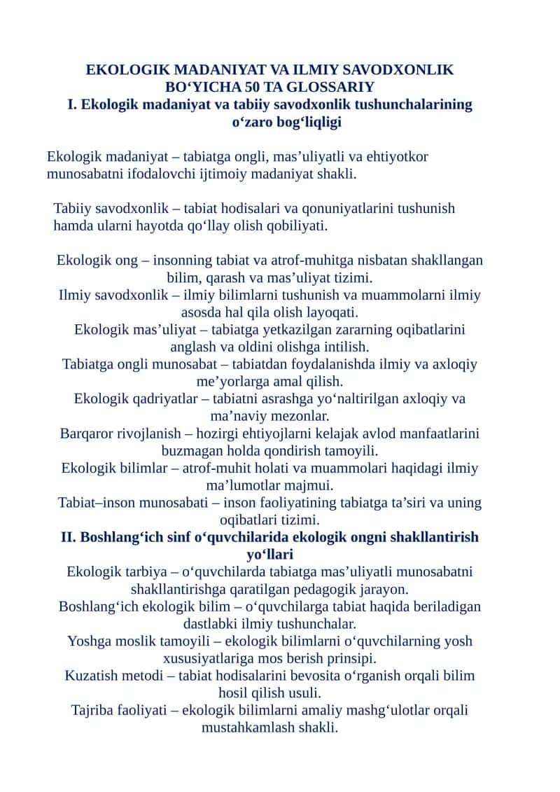 Ekologik Madaniyat va Ilmiy Savodxonlik bo‘yicha 50 ta Glossariy 1