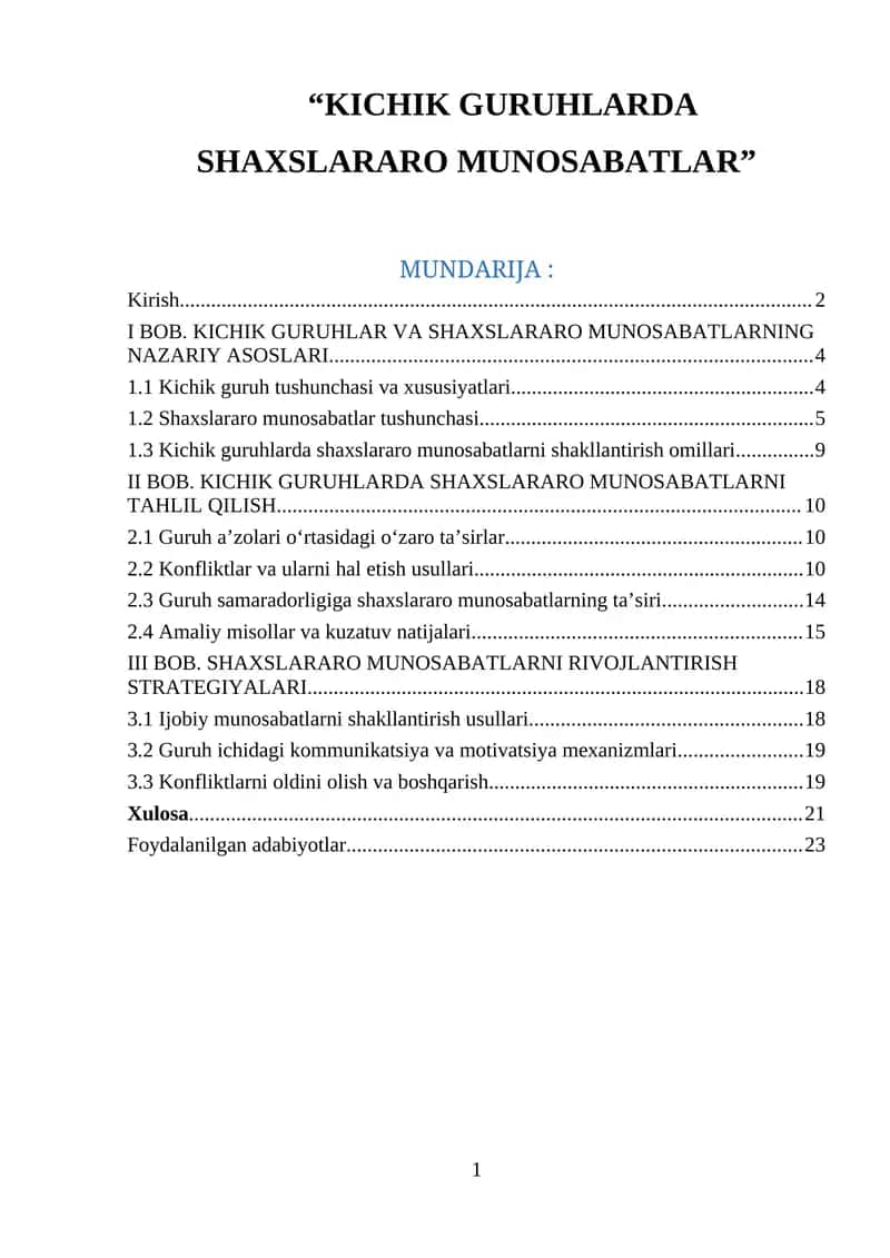 KICHIK GURUHLARDA SHAXSLARARO MUNOSABATLAR 1
