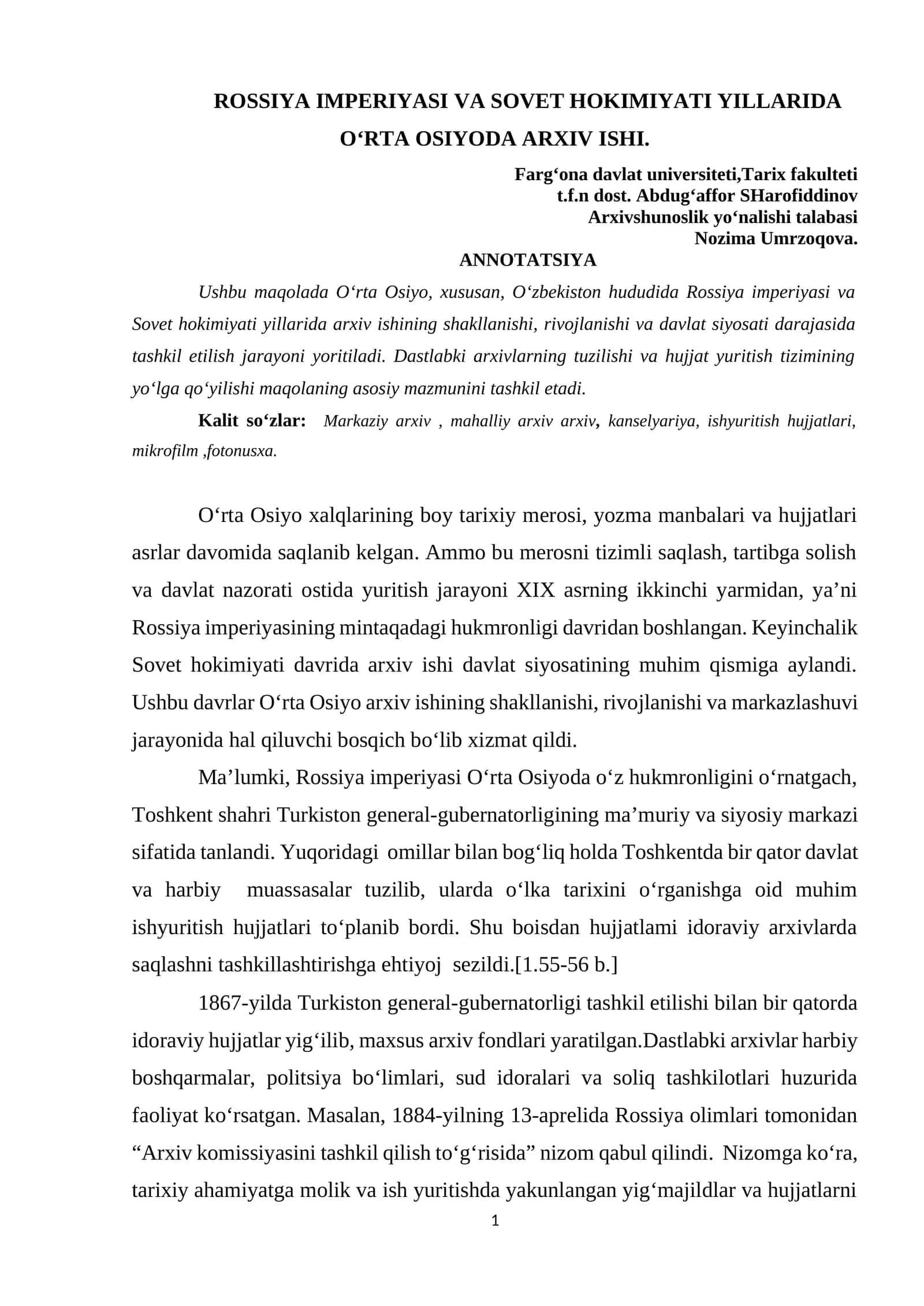 ROSSIYA IMPERIYASI VA SOVET HOKIMIYATI YILLARIDA O‘RTA OSIYODA ARXIV ISHI 1