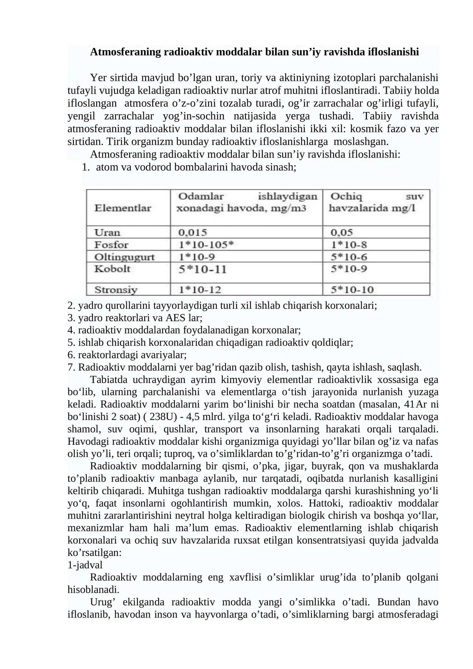 Atmosferaning radioaktiv moddalar bilan sun’iy ravishda ifloslanishi 1