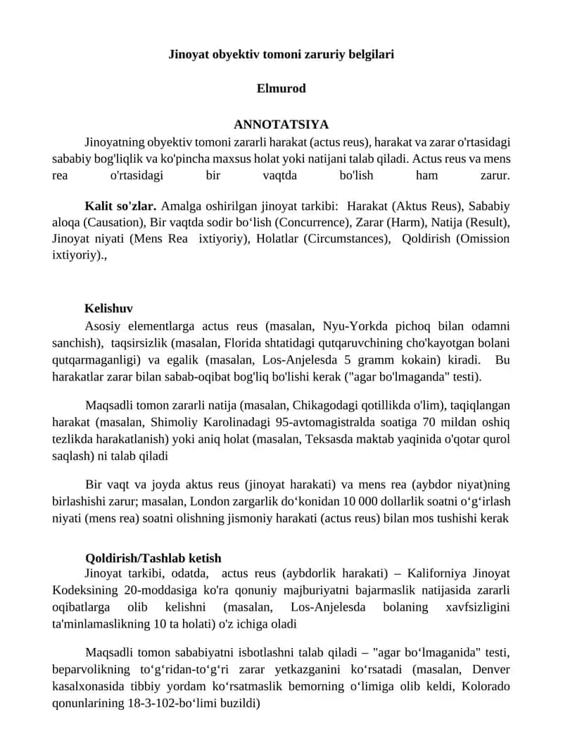 Jinoyat obyektiv tomoni zaruriy belgilari 1