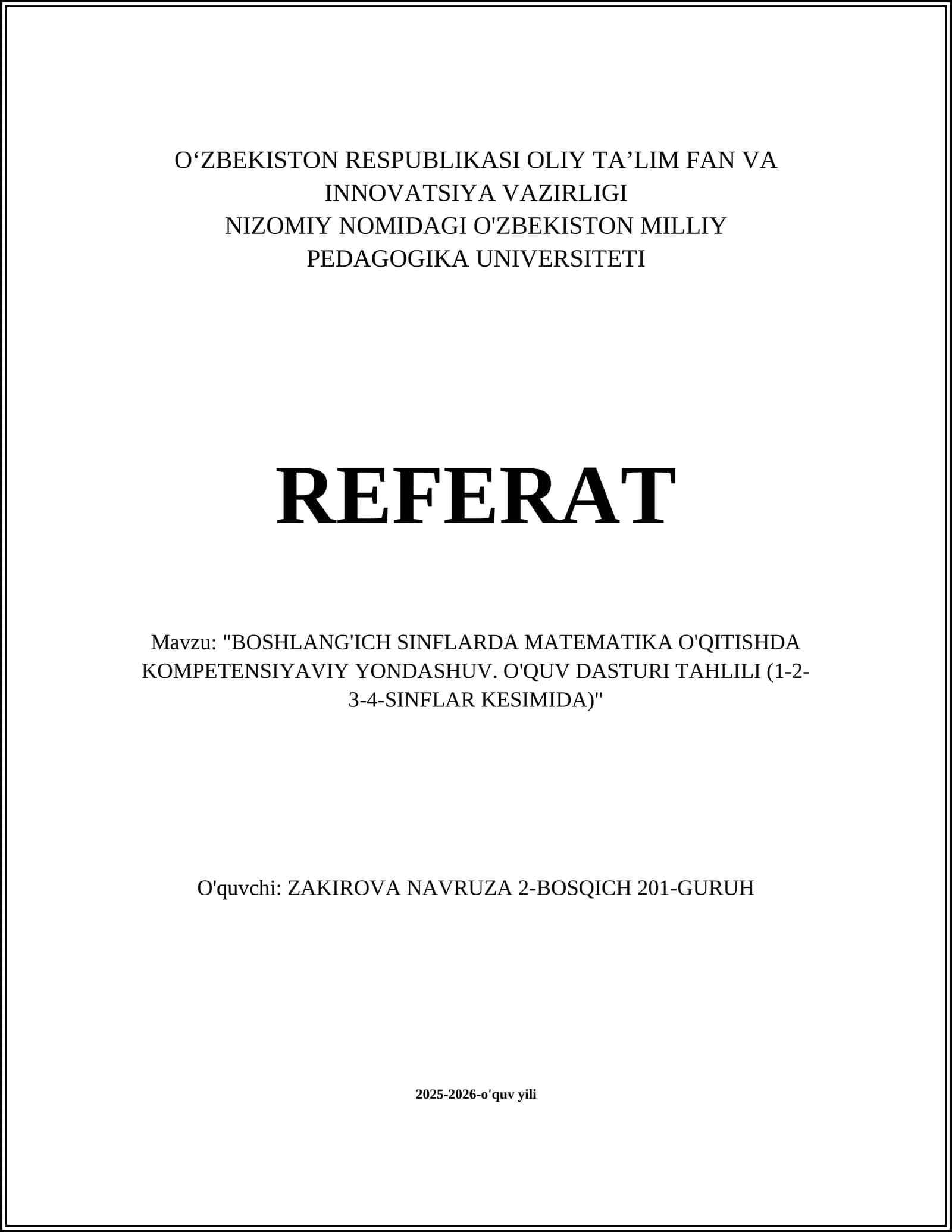 "Kompetensiyalar asosida 1–4-sinflar uchun matematika o'quv dasturi tahlili" 1
