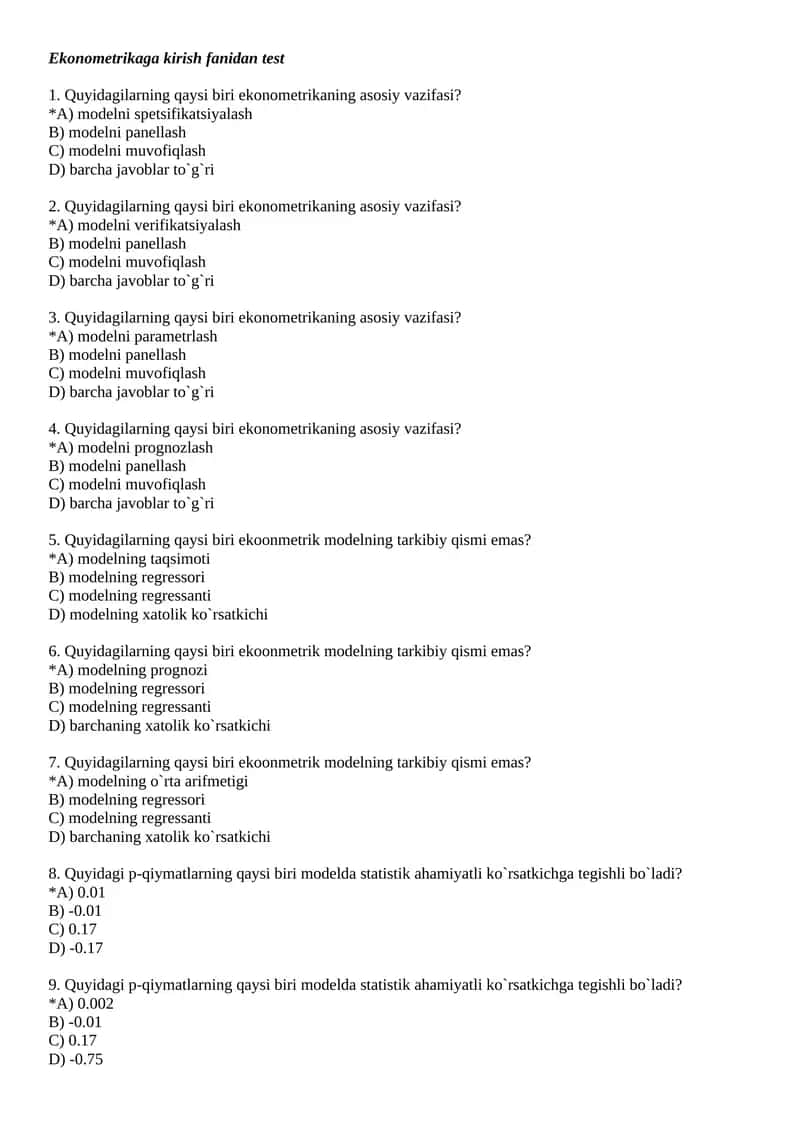 Ekonometrikaga kirish fanidan test 1