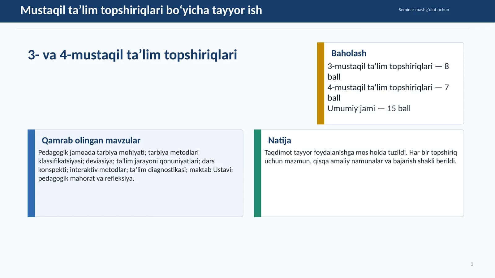 Mustaqil ta’lim topshiriqlari bo‘yicha tayyor ish 1