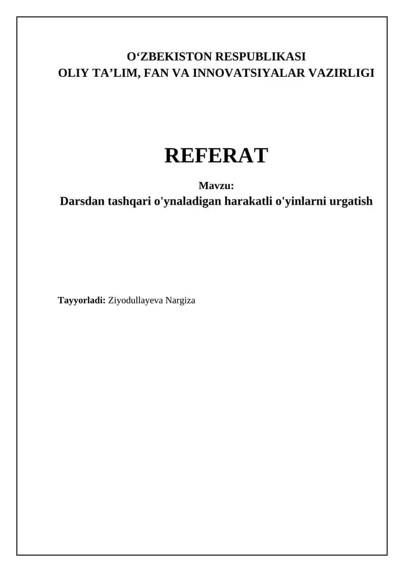 Darsdan tashqari o'ynaladigan harakatli o'yinlarni urgatish 1