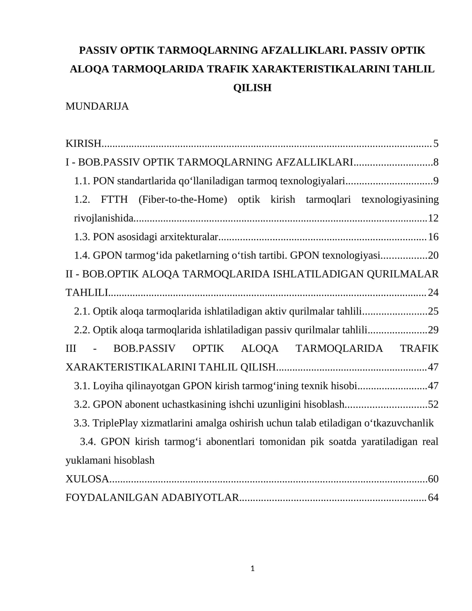 PASSIV OPTIK TARMOQLARNING AFZALLIKLARI. PASSIV OPTIK ALOQA TARMOQLARIDA TRAFIK XARAKTERISTIKALARINI TAHLIL QILISH 1