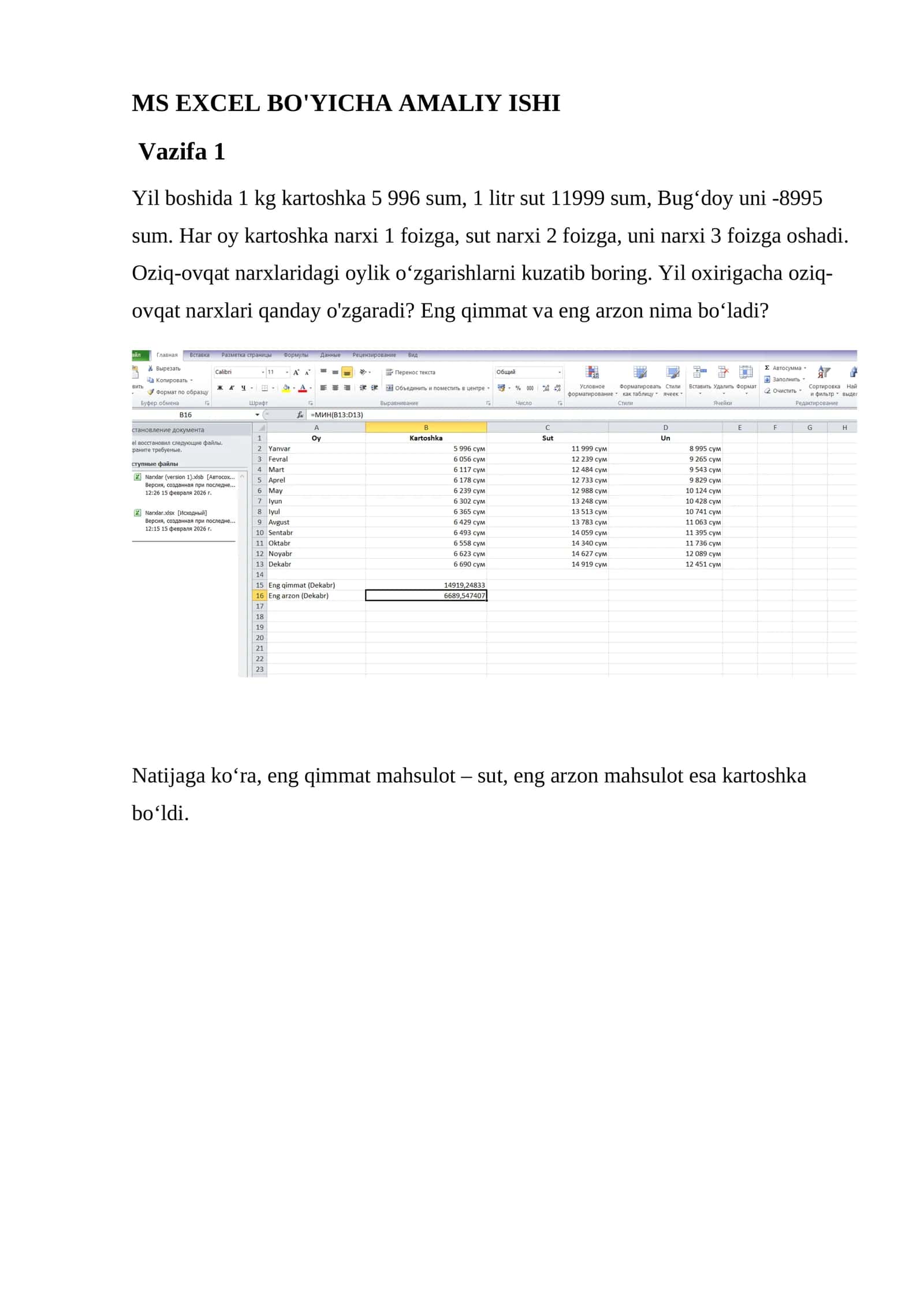 MS EXCEL BO'YICHA AMALIY ISHI 1