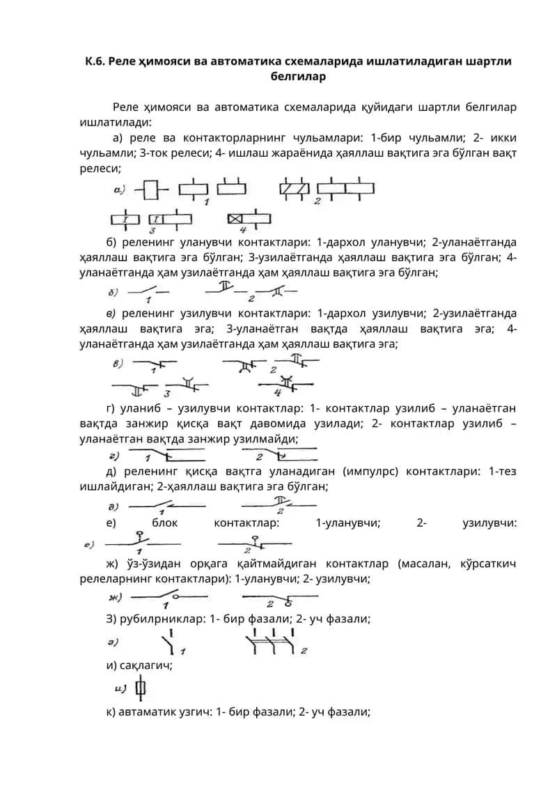 Реле ҳимояси ва автоматика схемаларида ишлатиладиган шартли белгилар 1