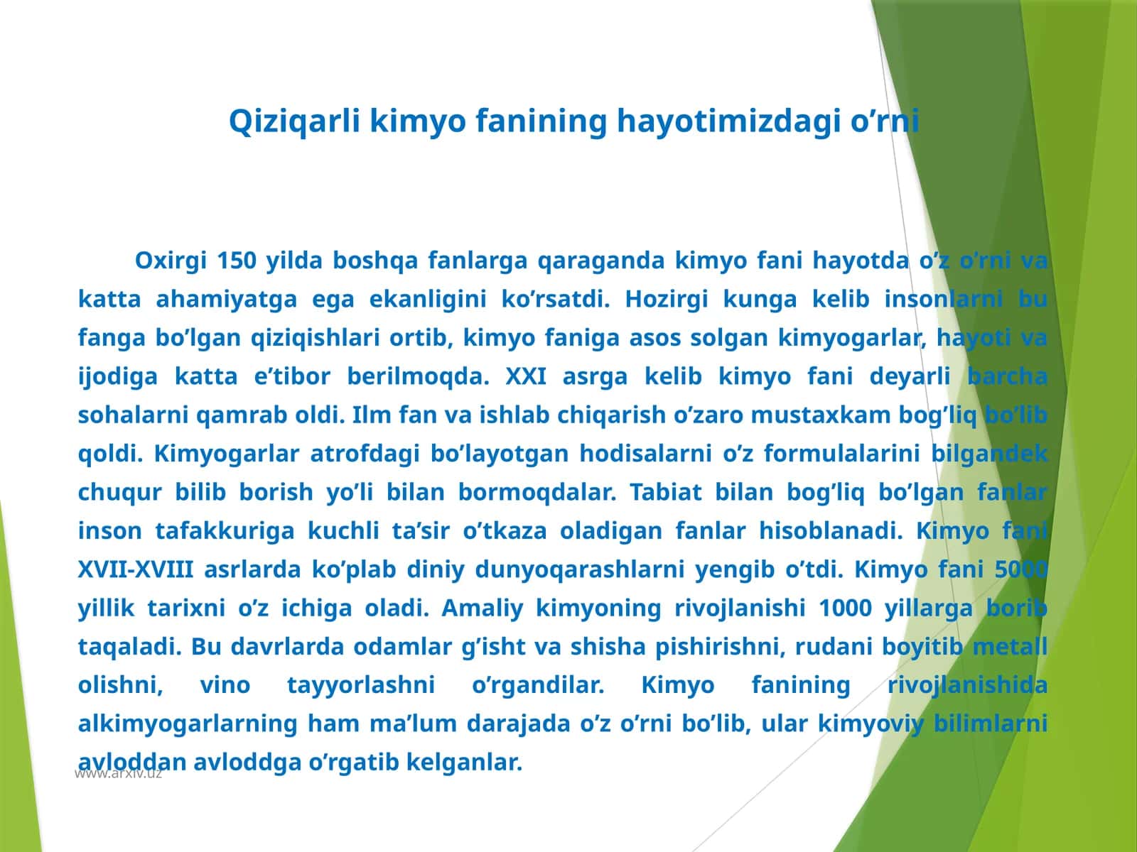 Qiziqarli kimyo fanining hayotimizdagi o'rni 1