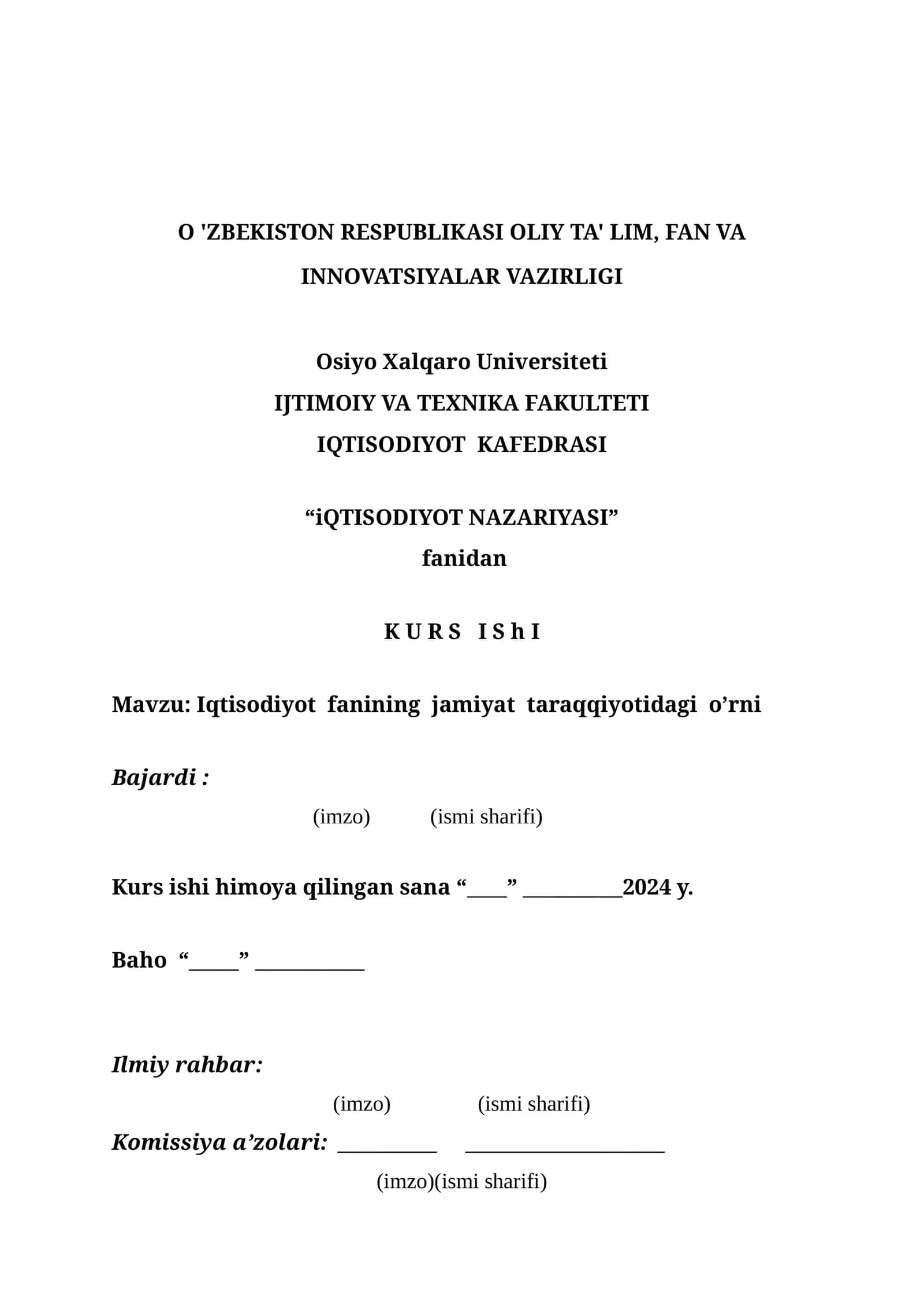 IQTISODIYOT NAZARIYASI fanidan KURS ISHI 1