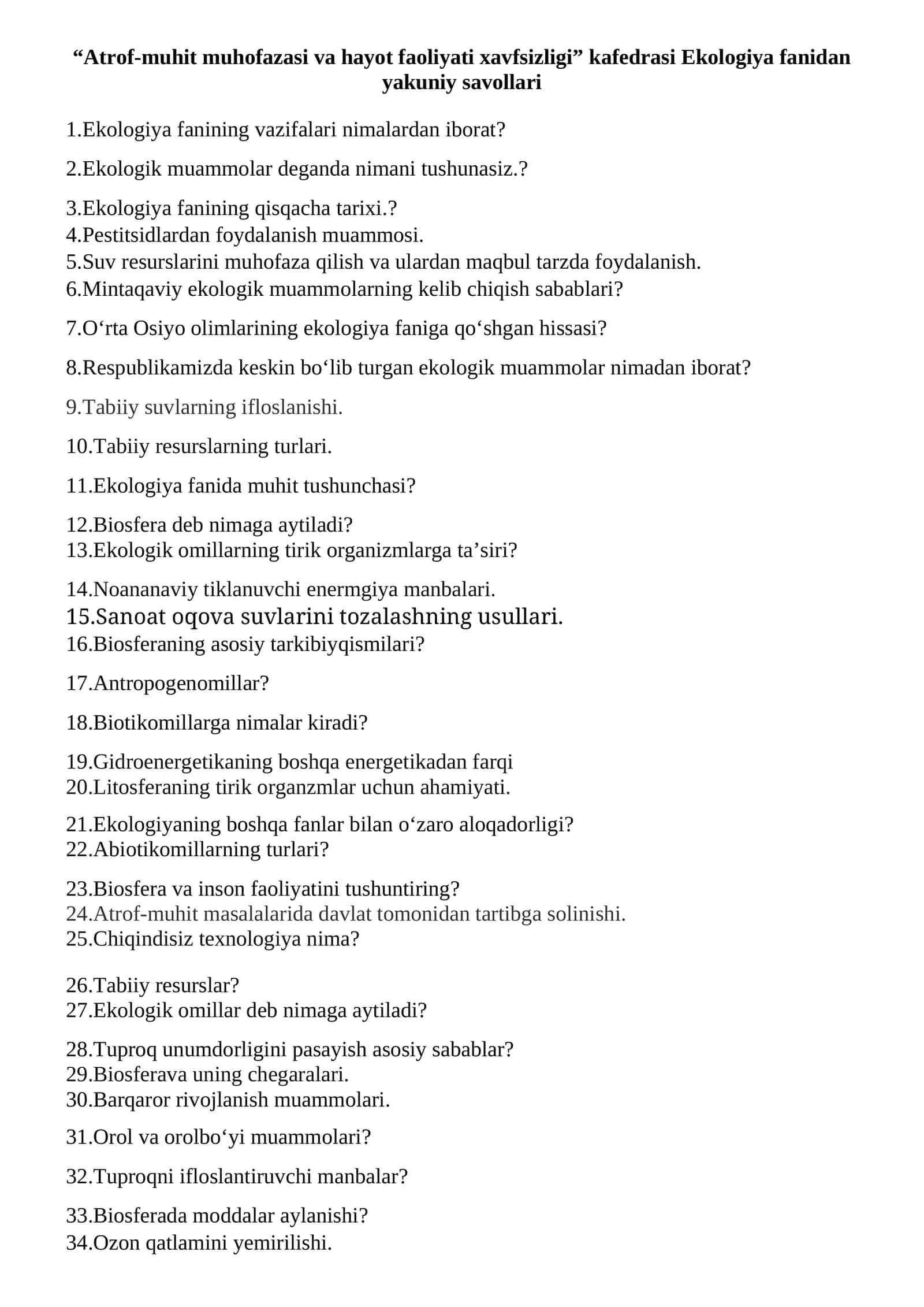 Ekologiya fanidan yakuniy savollari 1