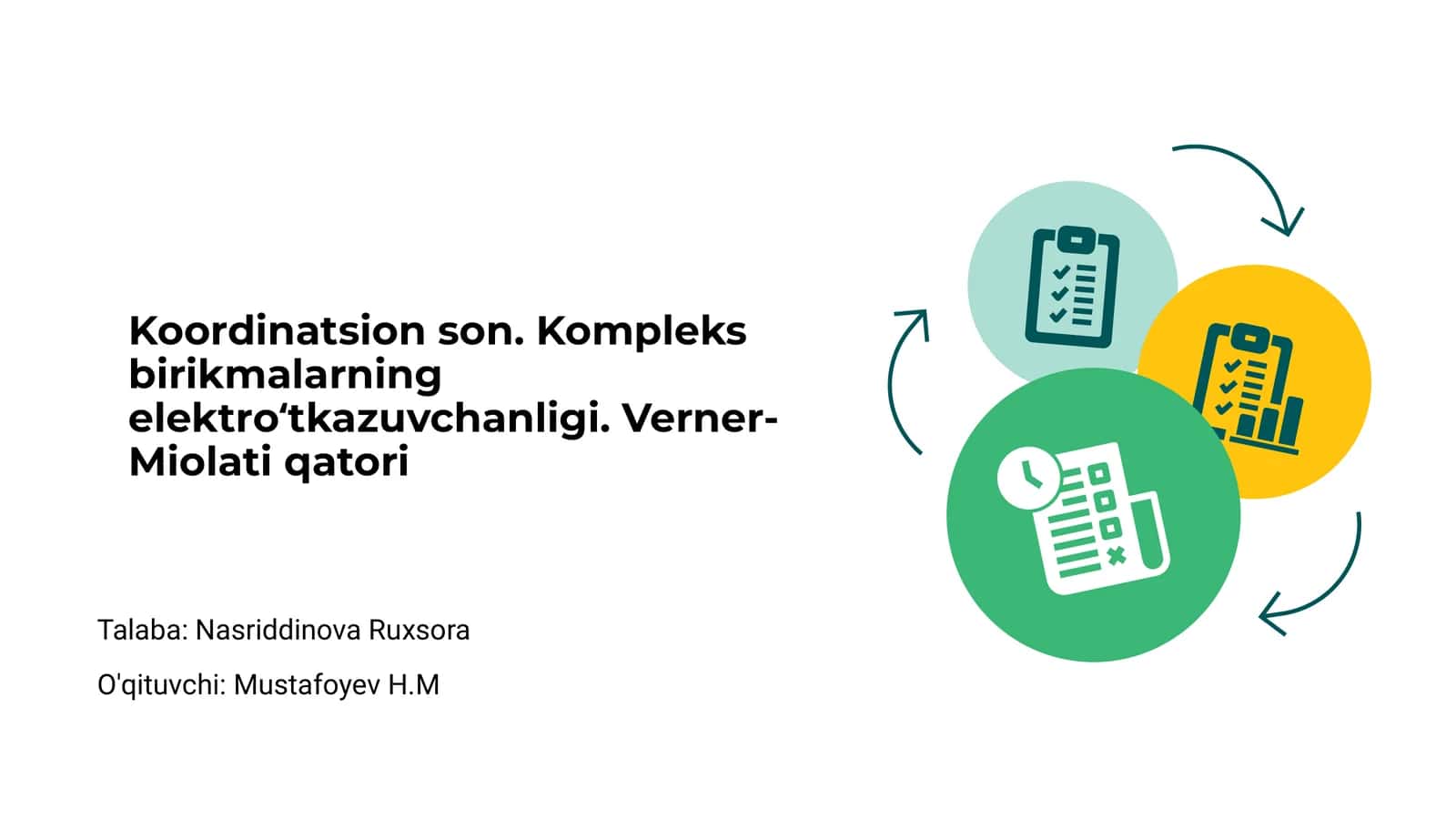 Koordinatsion son. Kompleks birikmalarning elektroʻtkazuvchanligi. Verner-Miolati qatori 1