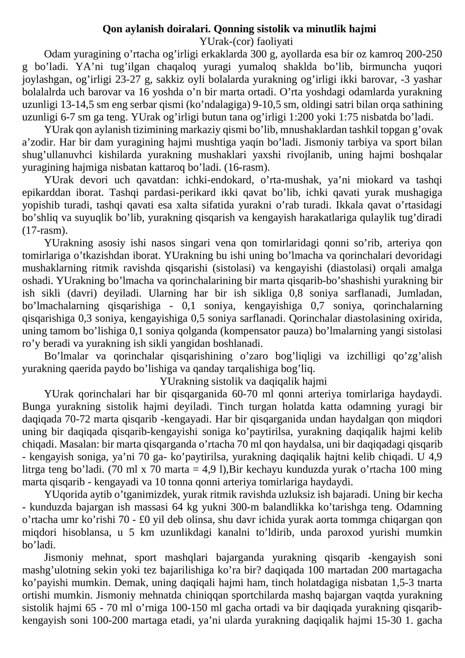 Qоn аylаnish dоirаlаri. Qоnning sistоlik vа minutlik hаjmi 1