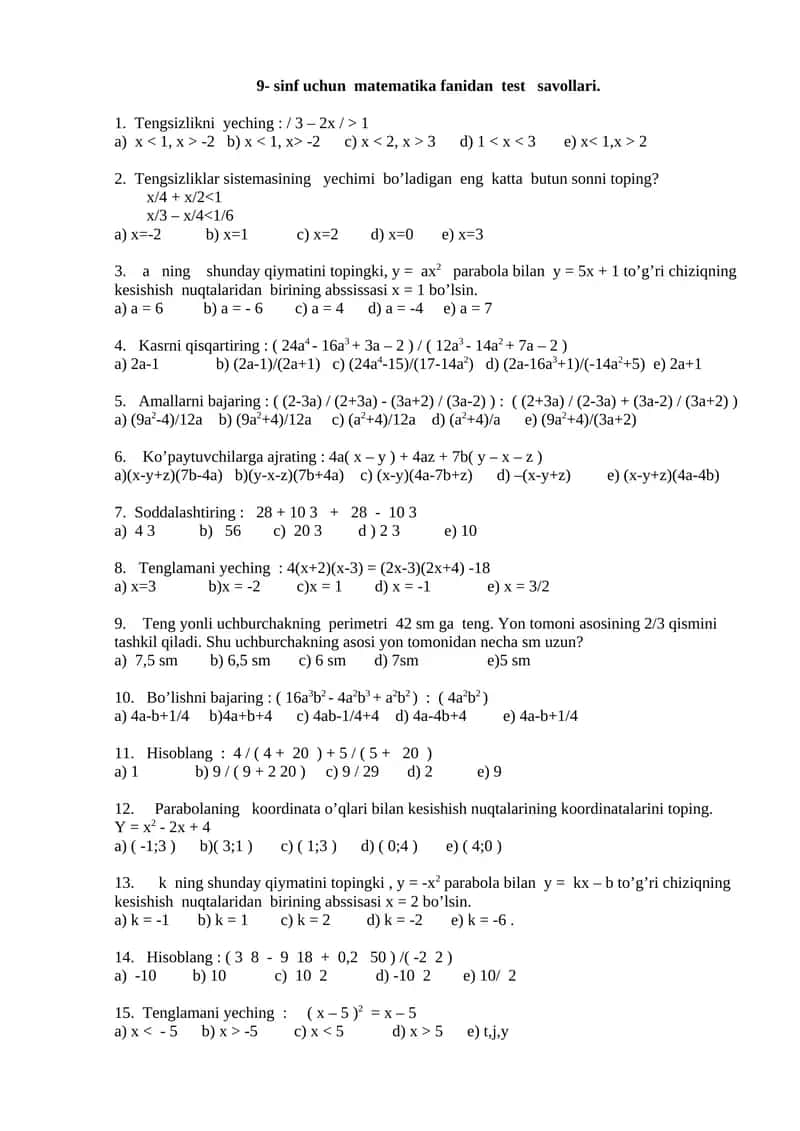 9- sinf uchun matematika fanidan test savollari 1