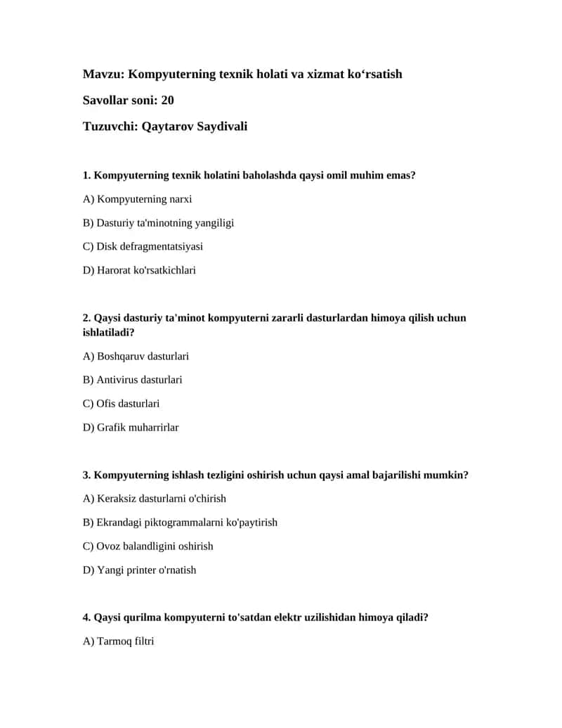 Kompyuterning texnik holati va xizmat koʻrsatish 1