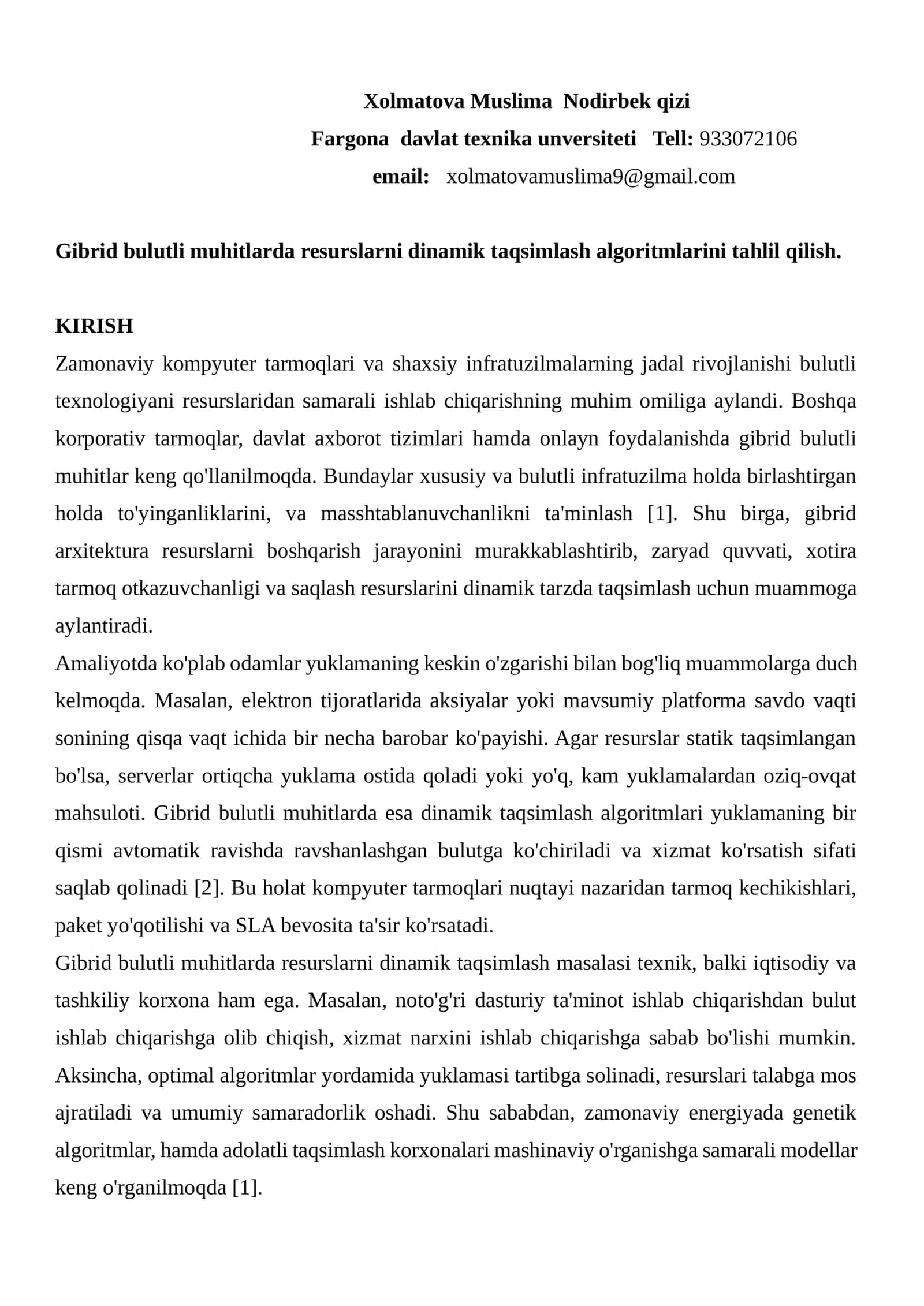 Gibrid bulutli muhitlarda resurslarni dinamik taqsimlash algoritmlarini tahlil qilish 1