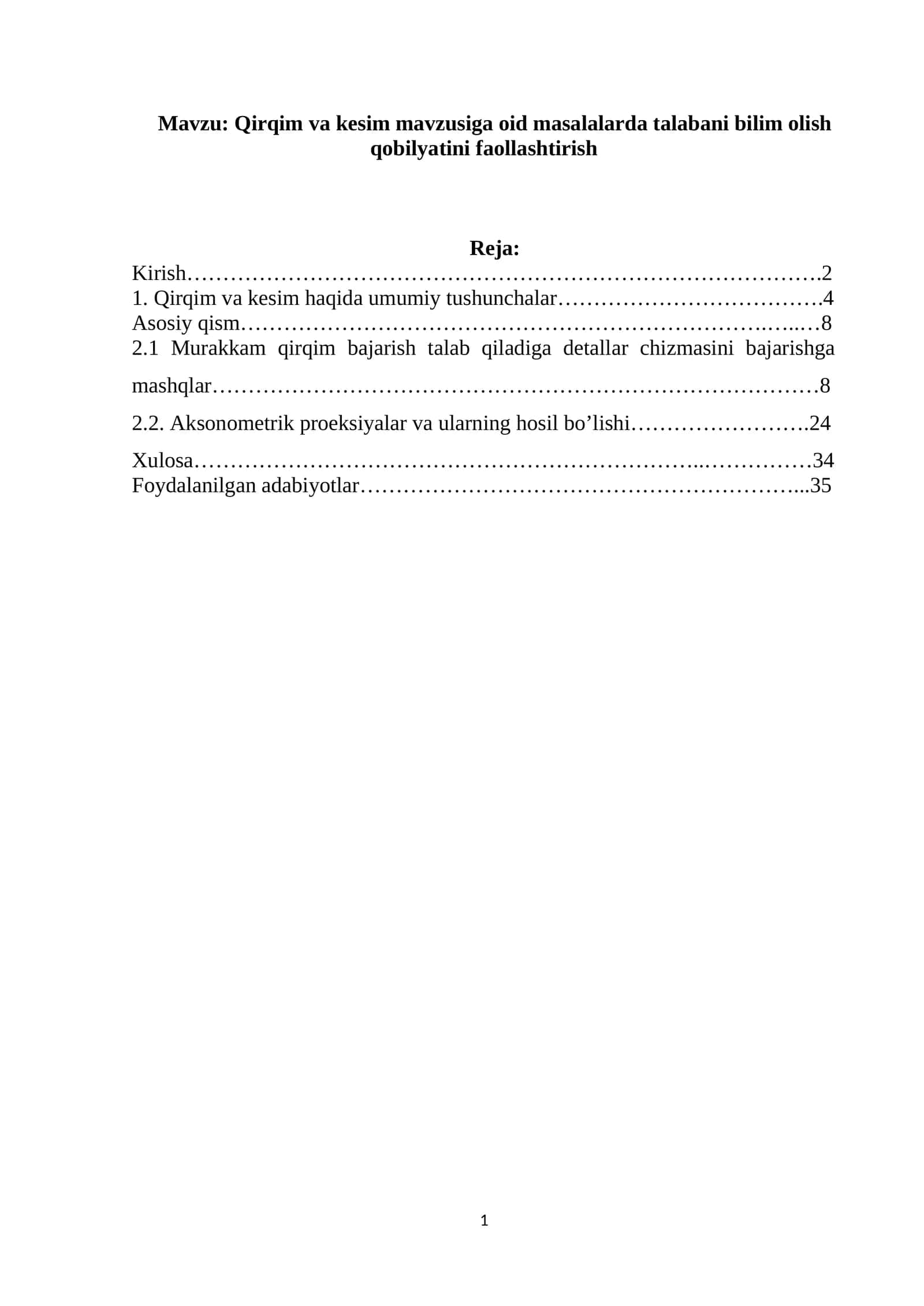 Qirqim va kesim mavzusiga oid masalalar 1
