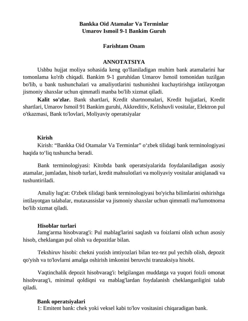 Bankka Oid Atamalar Va Terminlar 1