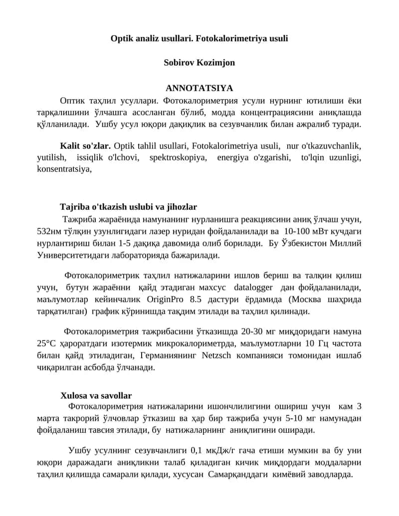 Optik analiz usullari. Fotokalorimetriya usuli 1