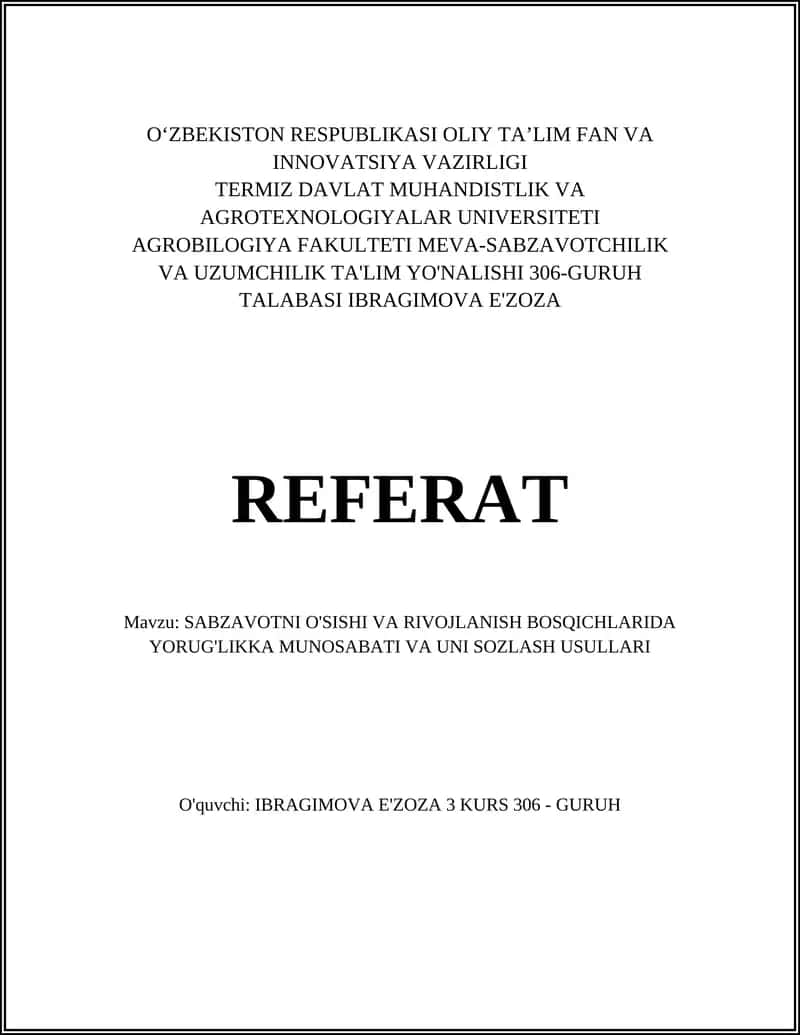 MEVA-SABZAVOTCHILIK TA'LIMI REFERATI 1