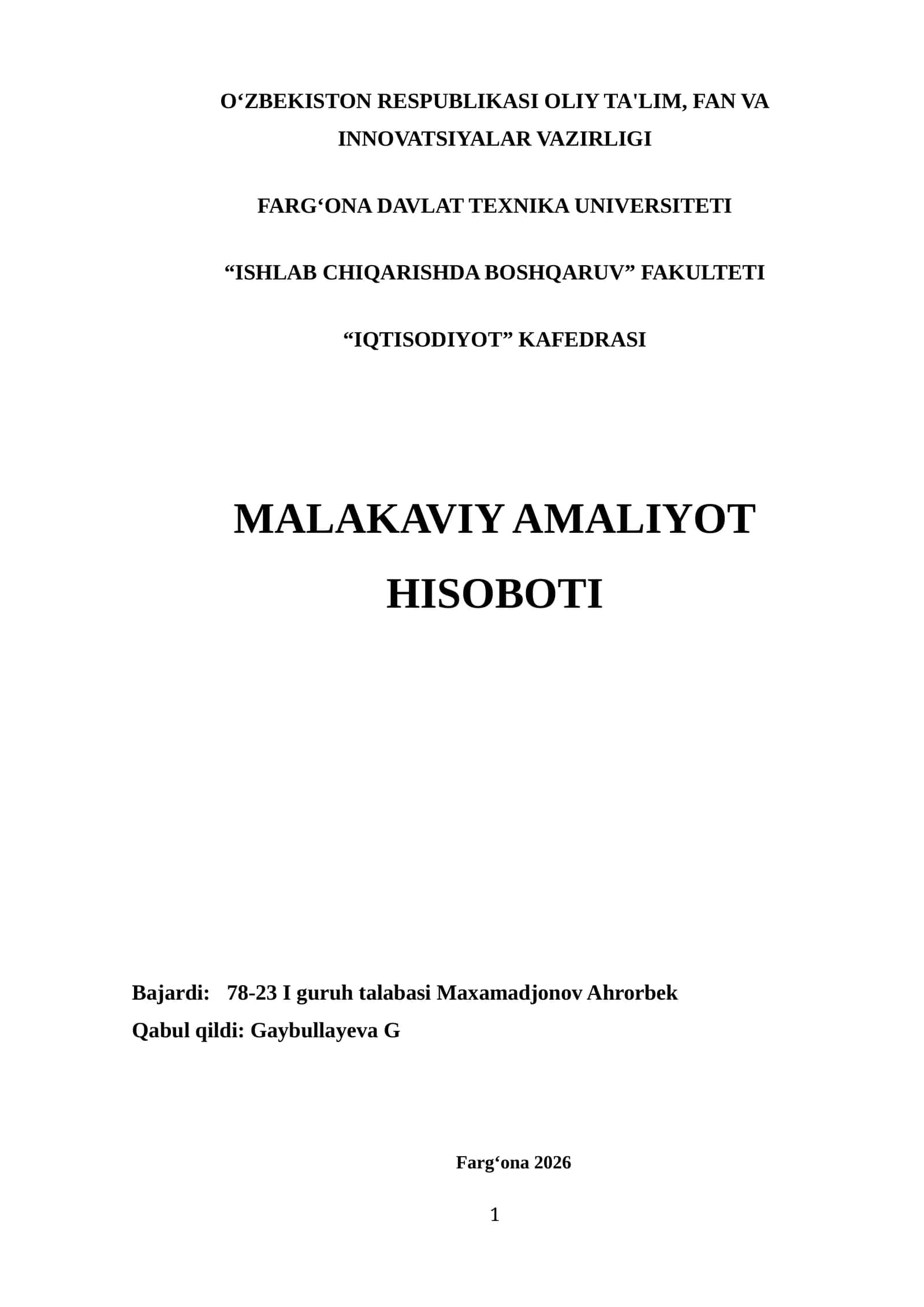 MALAKAVIY AMALIYOT HISOBOTI. KREDIT SAVDO DOKONI BOYICHA. 1