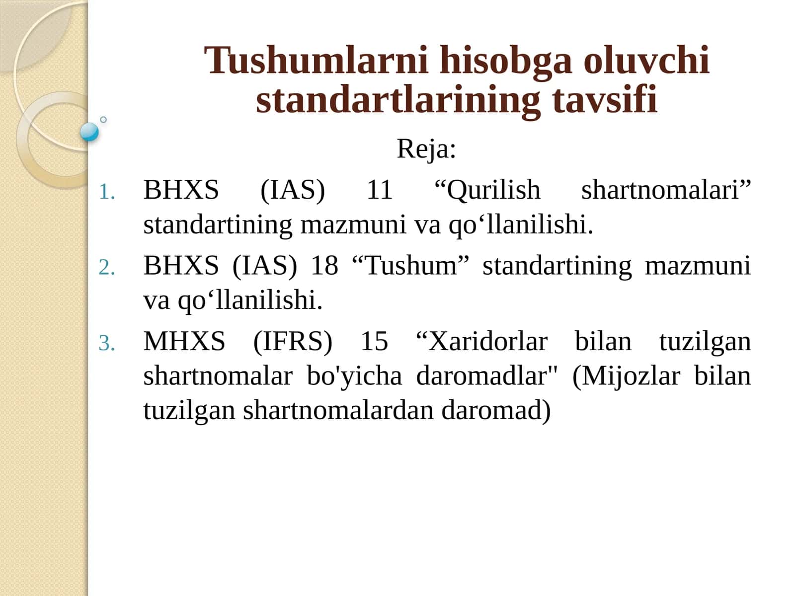 Tushumlarni hisobga oluvchi standartlarining tavsifi 1