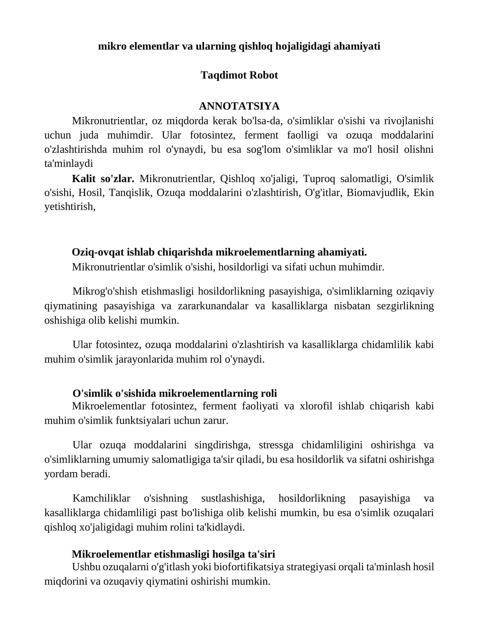 Mikronutrientlar va ularning qishloq hojaligidagi ahamiyati 1